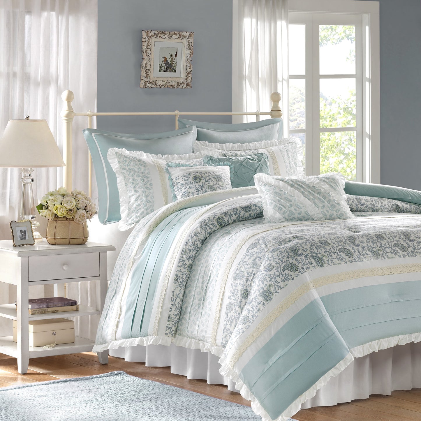 Cotton Comforter Set with Lace Taping Pintucked Printed Bed Bedding Set