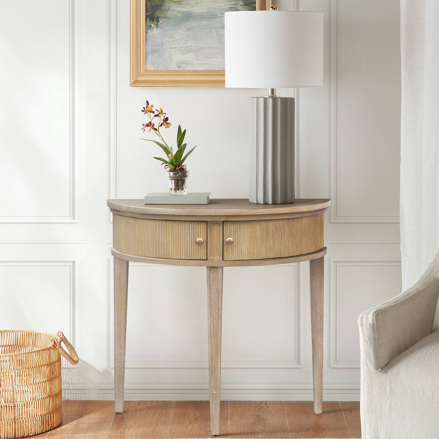 Demilune Console Table – Fluted Doors, Entryway Storage Accent Table