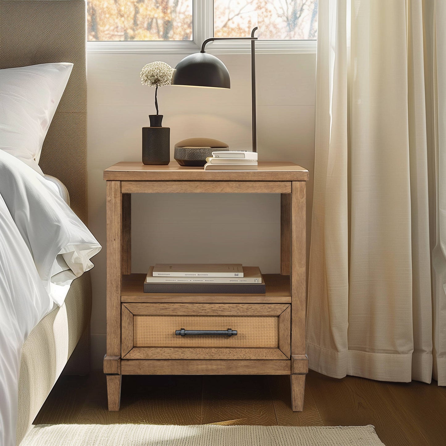 Woven Cane Nightstand with 1 Drawer, 1 Shelf