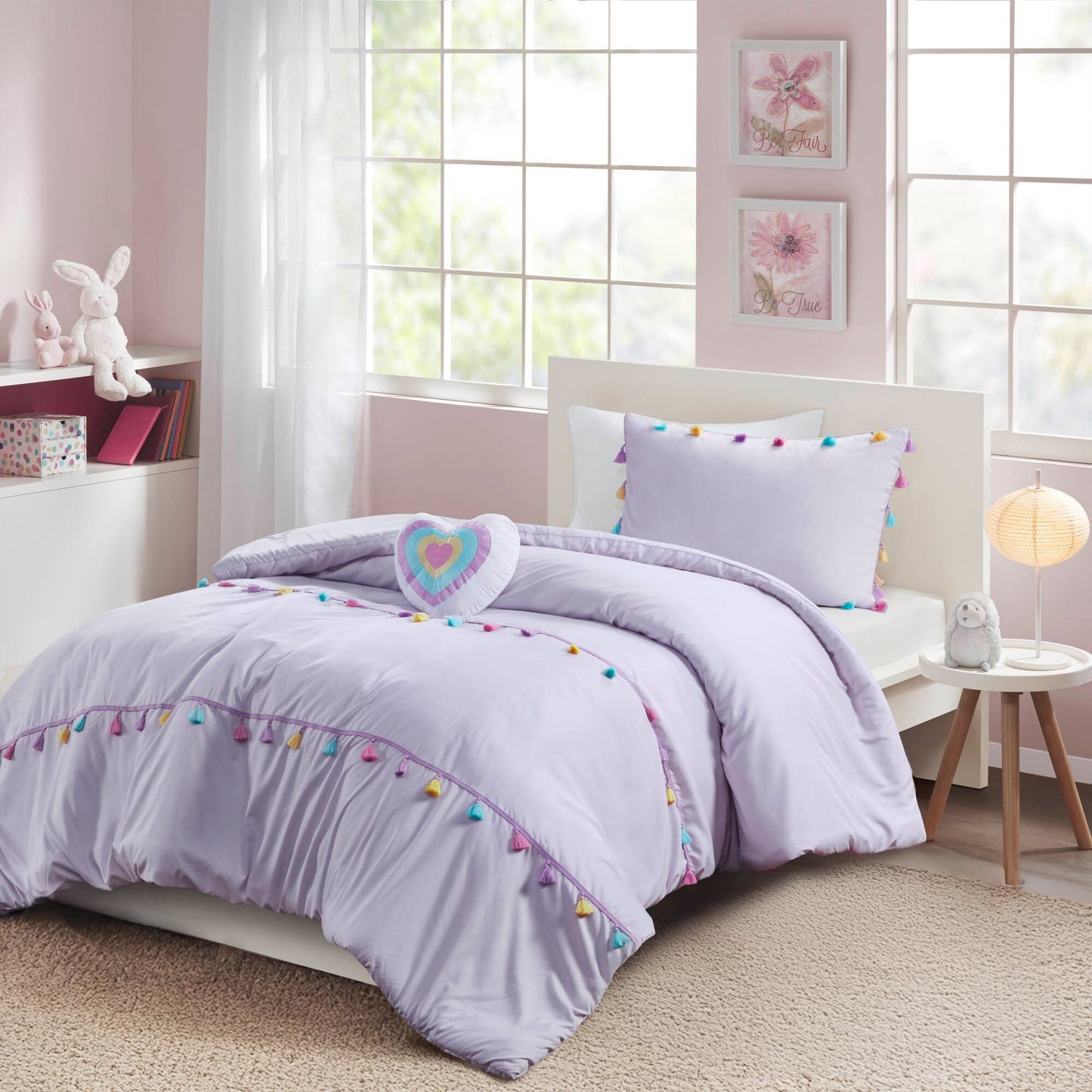 4 Piece Colorful Tassel Kid's Bedding Set, Comforter Set with Heart Shaped Throw Pillow