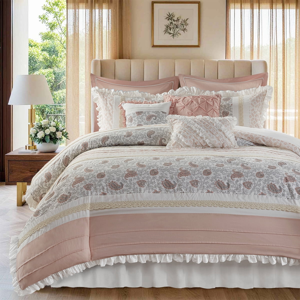Cotton Comforter Set with Lace Taping Pintucked Printed Bed Bedding Set