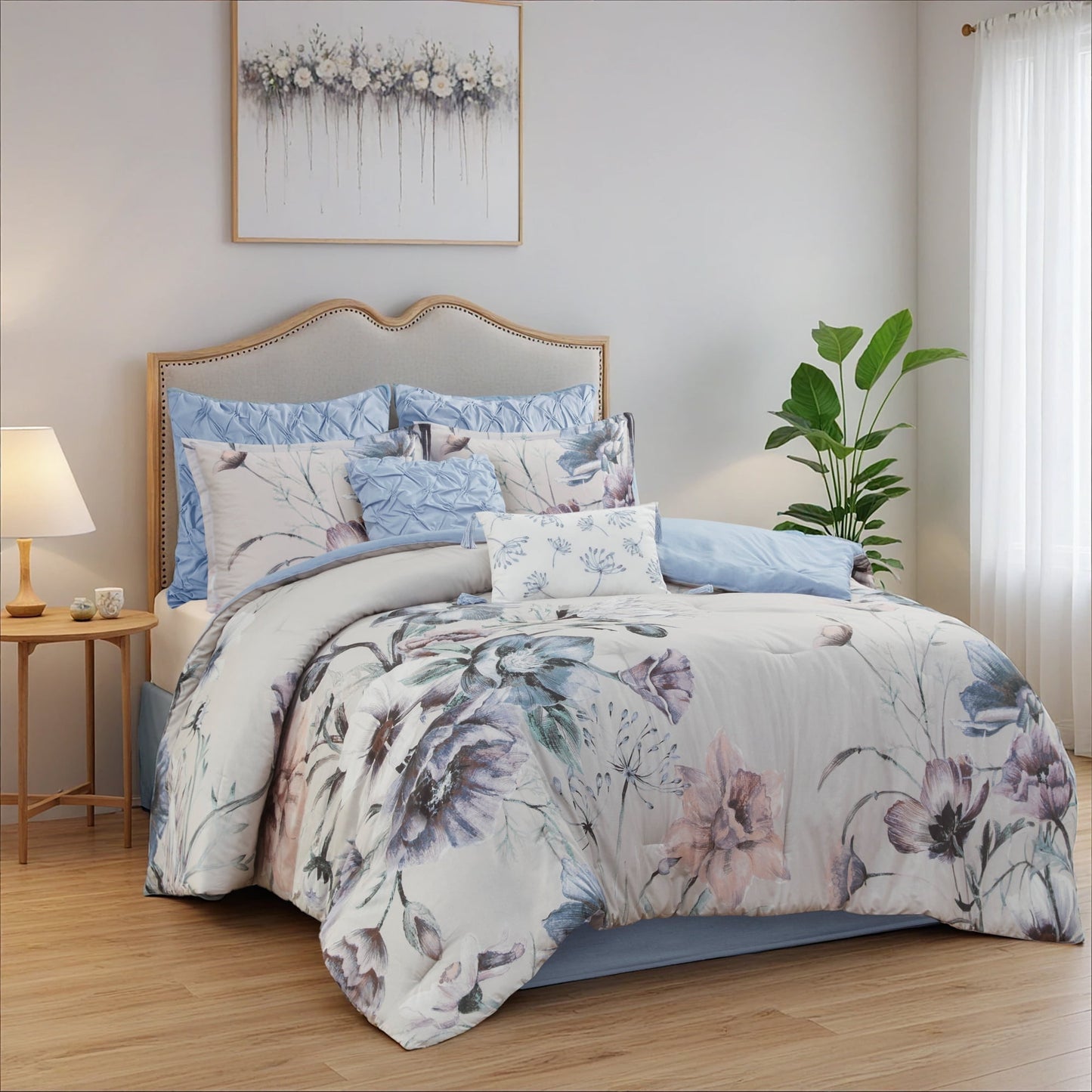 8 Piece Blue Floral Comforter Set, Cotton Comforter Bed in A Bag with Bedskirt