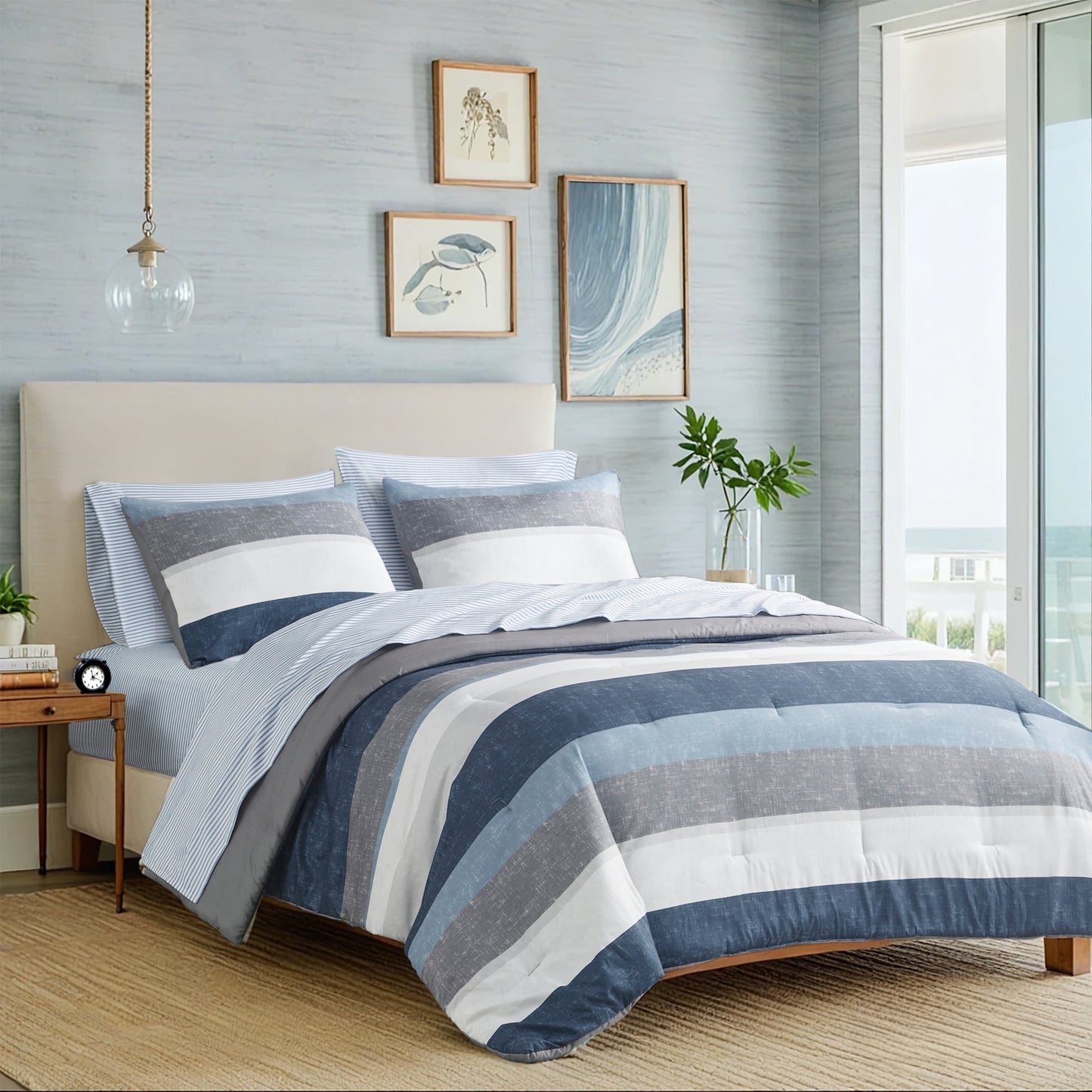 7 Piece Stripe Comforter Set, Bed in a Bag Bedding Set with Flat Sheet and Fitted Sheet, Blue Grey