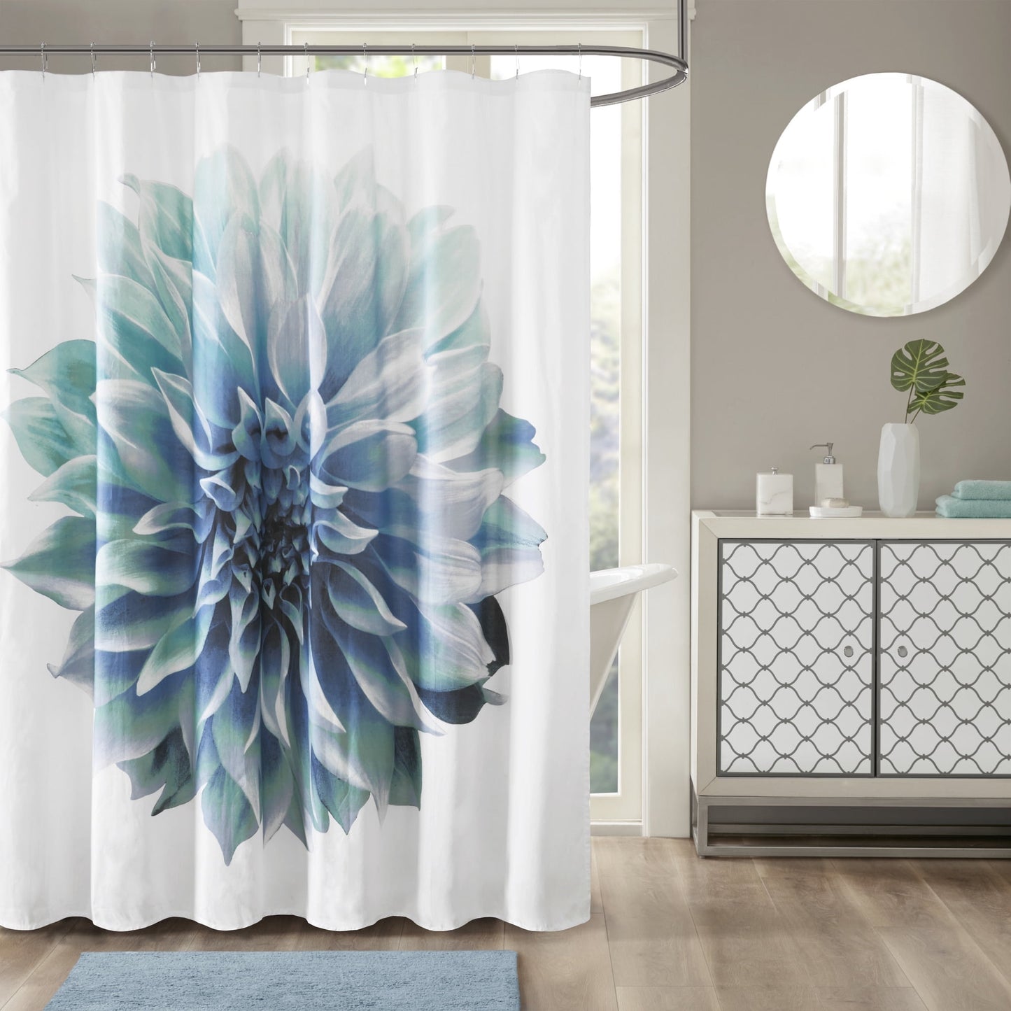 Large Flower Cotton Floral Shower Curtain with 12 Button Holes, 72" x 72"