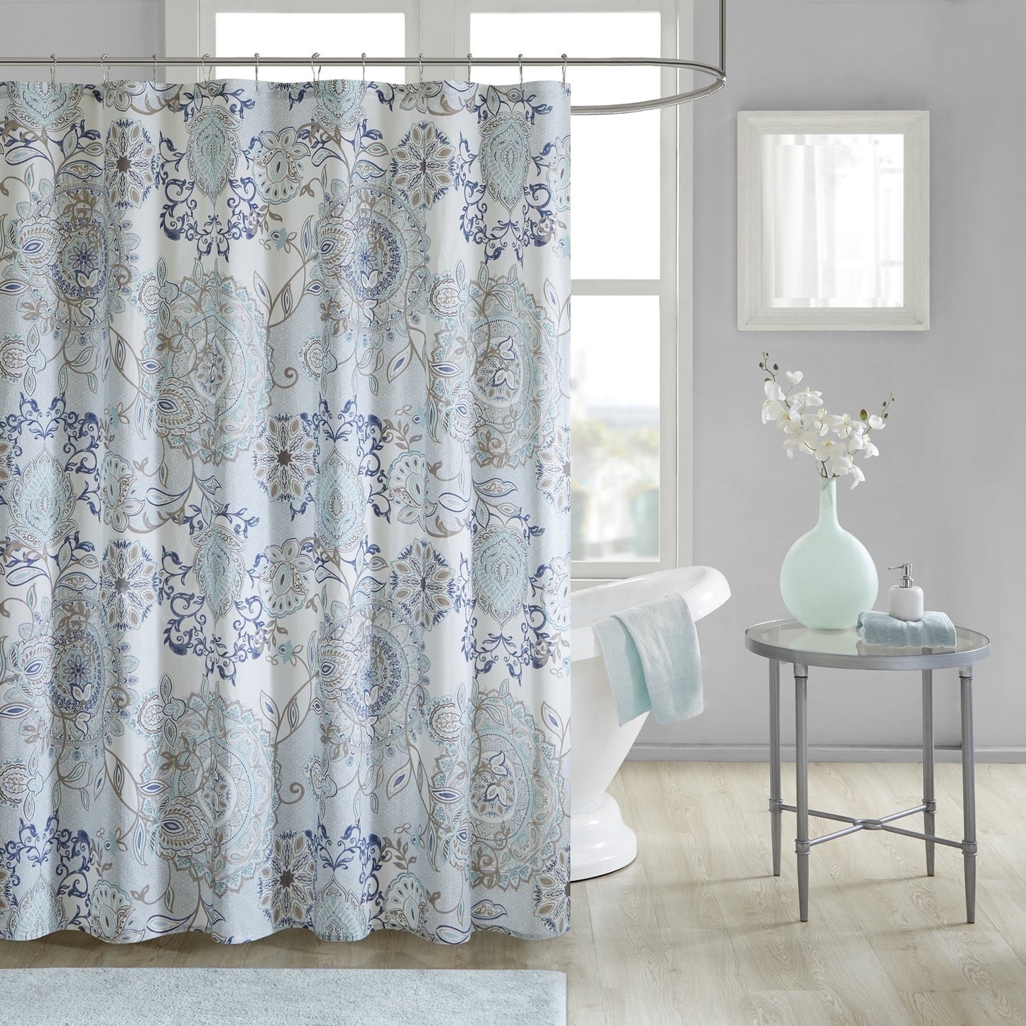 Shower Curtain Cotton Floral Shower Curtain Bohemian Bath Curtains Decor with 12 Button Holes