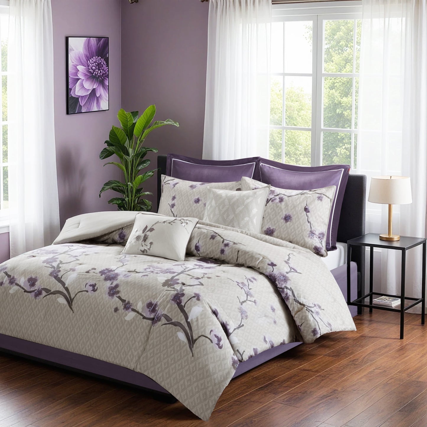 8 Piece Floral Comforter Set, Cotton Comforter Bed in A Bag with Bedskirt, Purple/Taupe