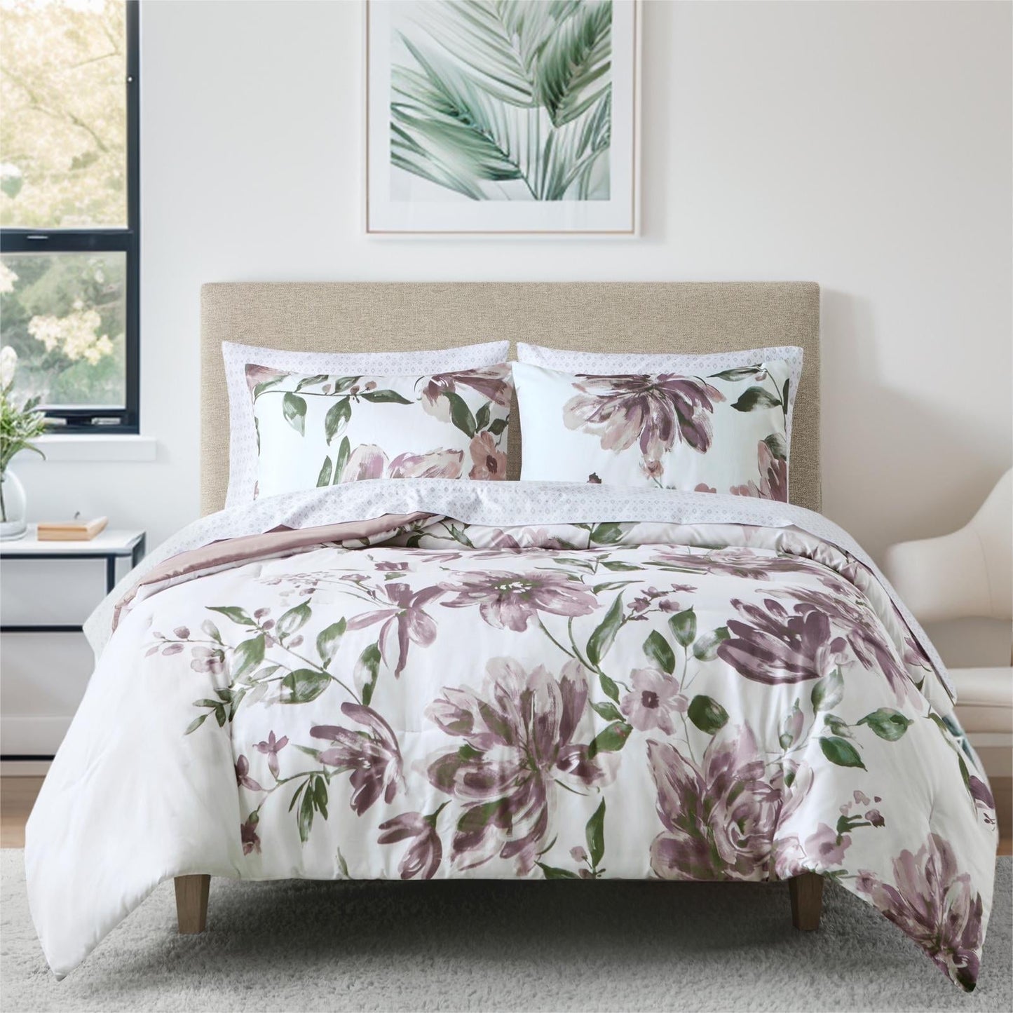 7-Piece Floral Comforter Set, Soft Brushed Bed in A Bag with Bed Sheets, Mauve