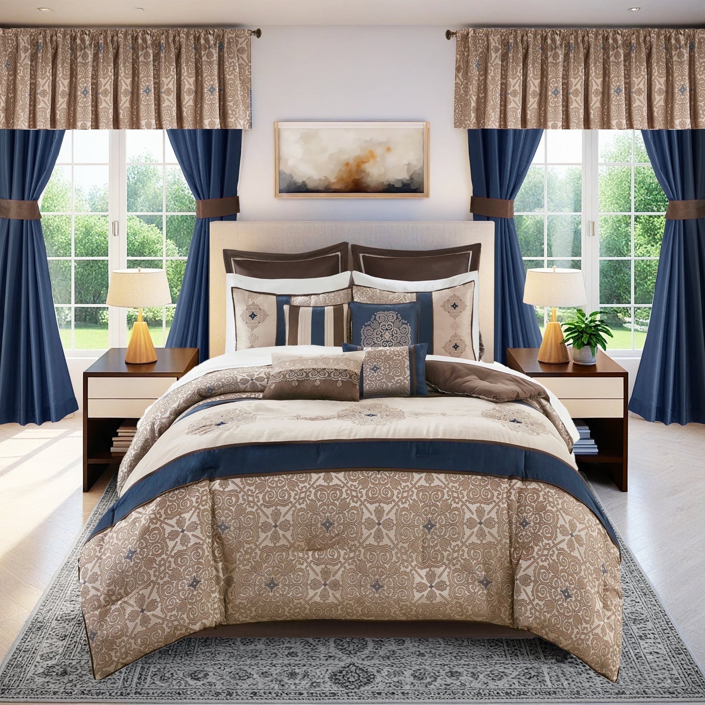 24 Piece Jacquard Comforter Set with Window Curtains, Moroccan-Inspired Bed in a Bag, Navy