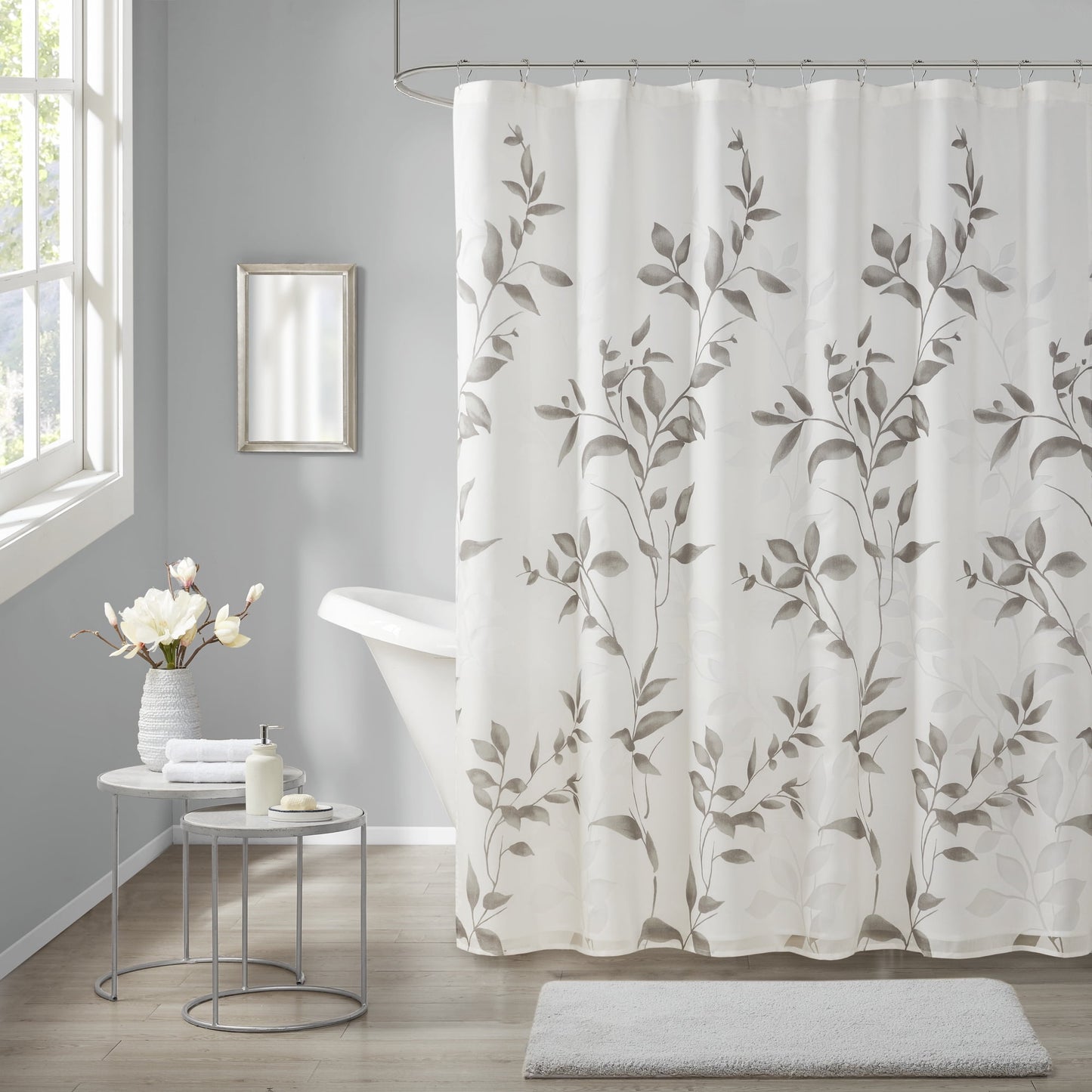Grey Botanical Lightweight Waterproof Bathroom Shower Curtains, 72"x72"