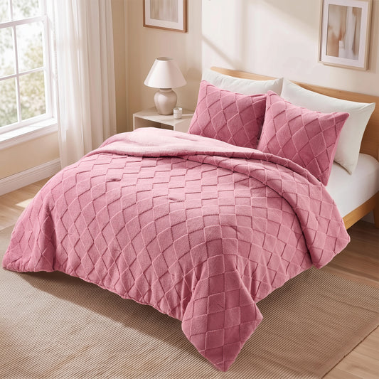 Jacquard Sherpa Diamond Comforter Set, Velvety Solid Reverse Fluffy Fleece Bedding Set with Comforter and Shams