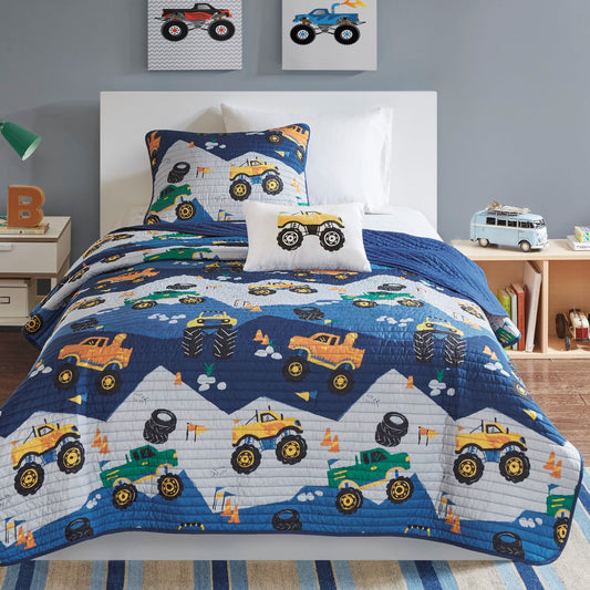 Quilt Set with Throw Pillow 3-Piece Blue Monster Truck Reversible Bedspread