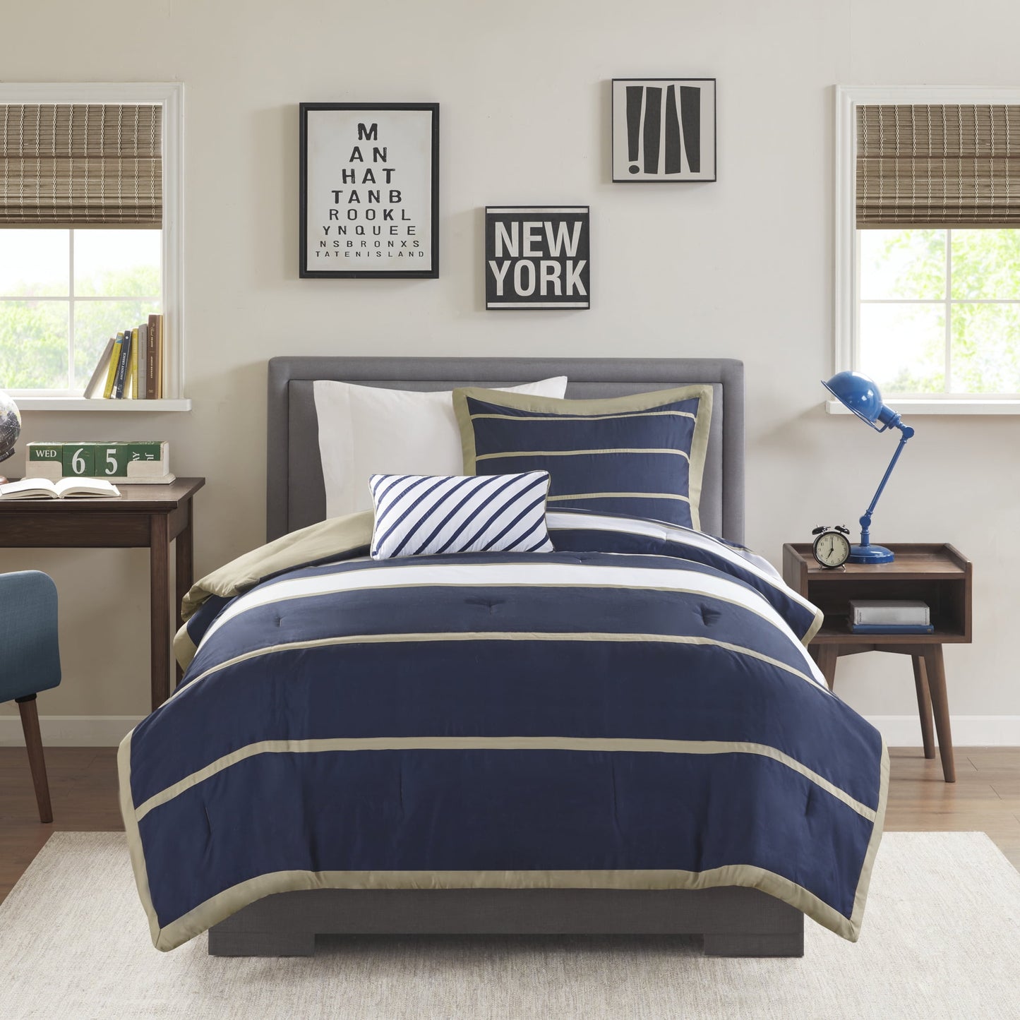 4-Piece Striped Child Comforter Set with Decor Pillow, All Season Boy Bedding Set, Khaki/Navy