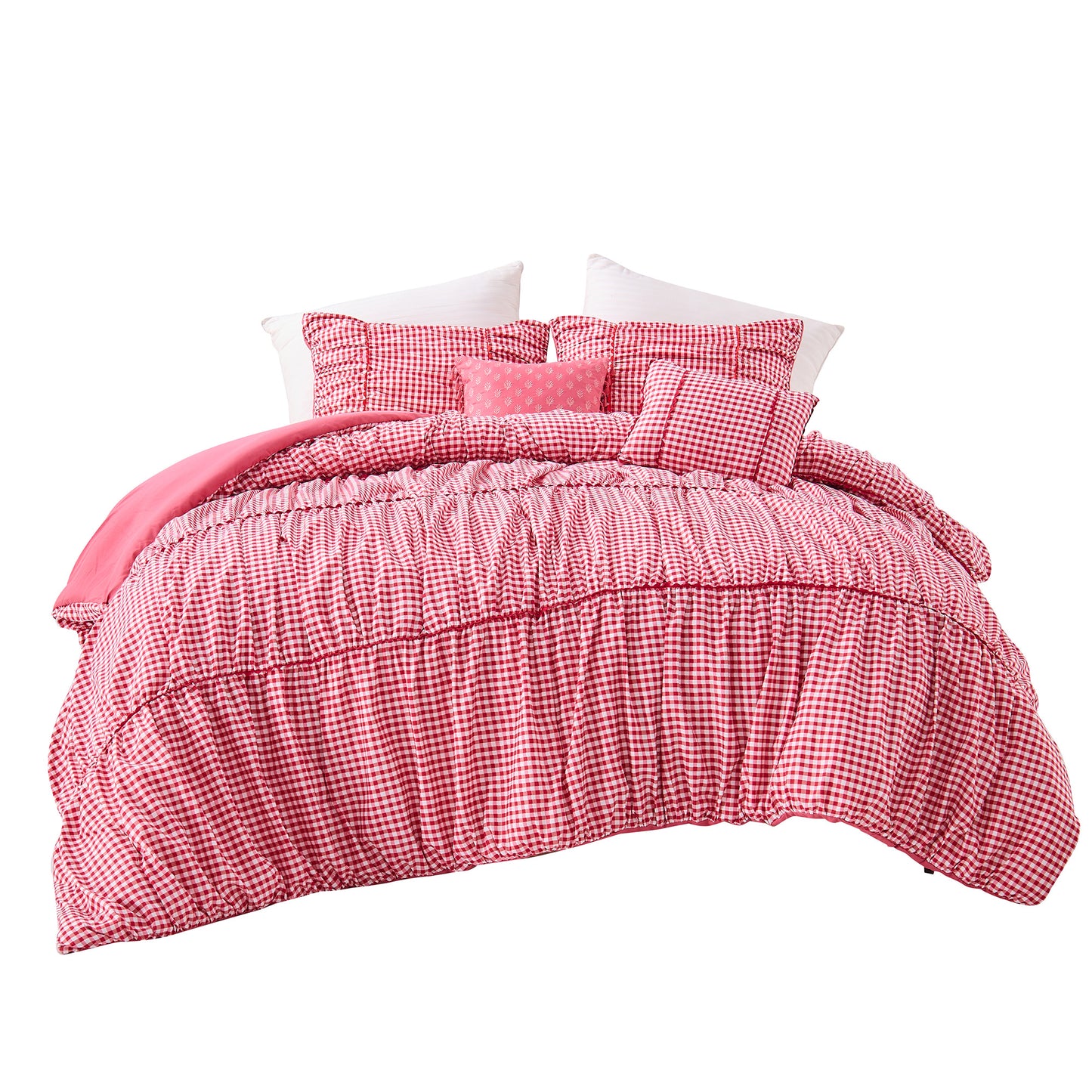 Plaid Ruched All Season Comforter Set with Decorative Pillows