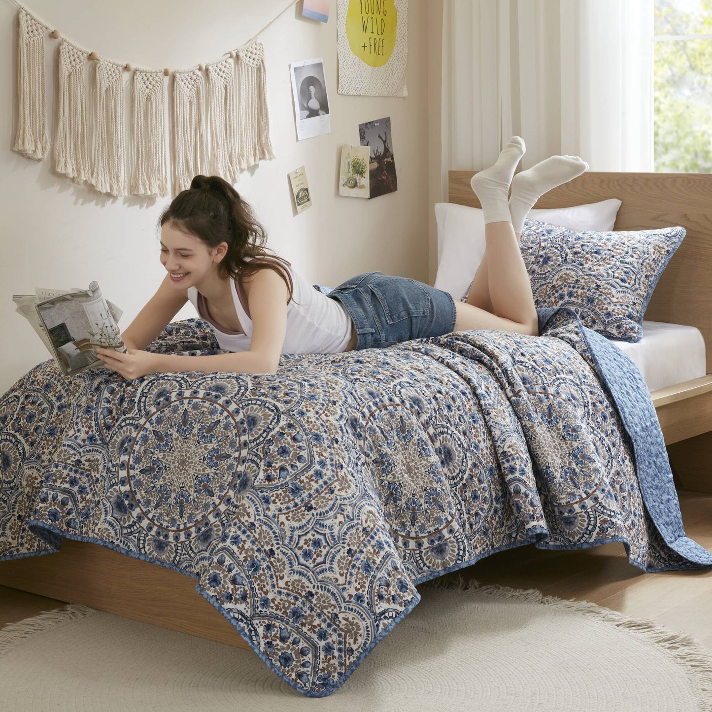 3-Piece Floral Boho Quilt Set, Reversible Bedding Set