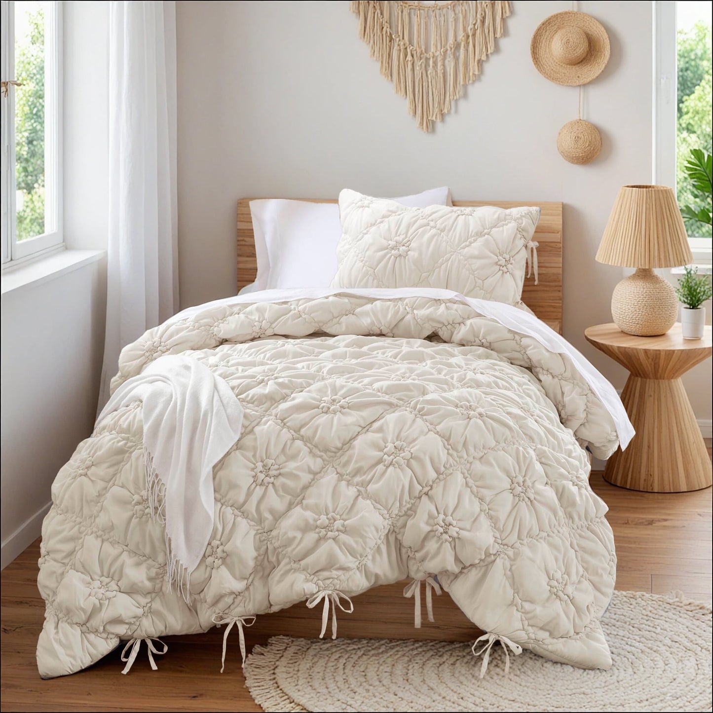 Floral Puffy Bow Tie Bedding Set, Comforter Set with Sham