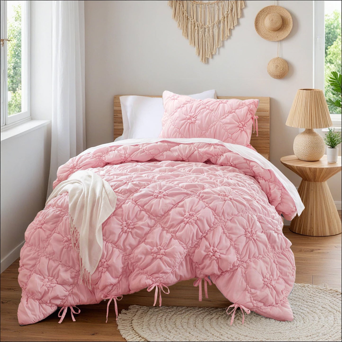 Floral Puffy Bow Tie Bedding Set, Comforter Set with Sham