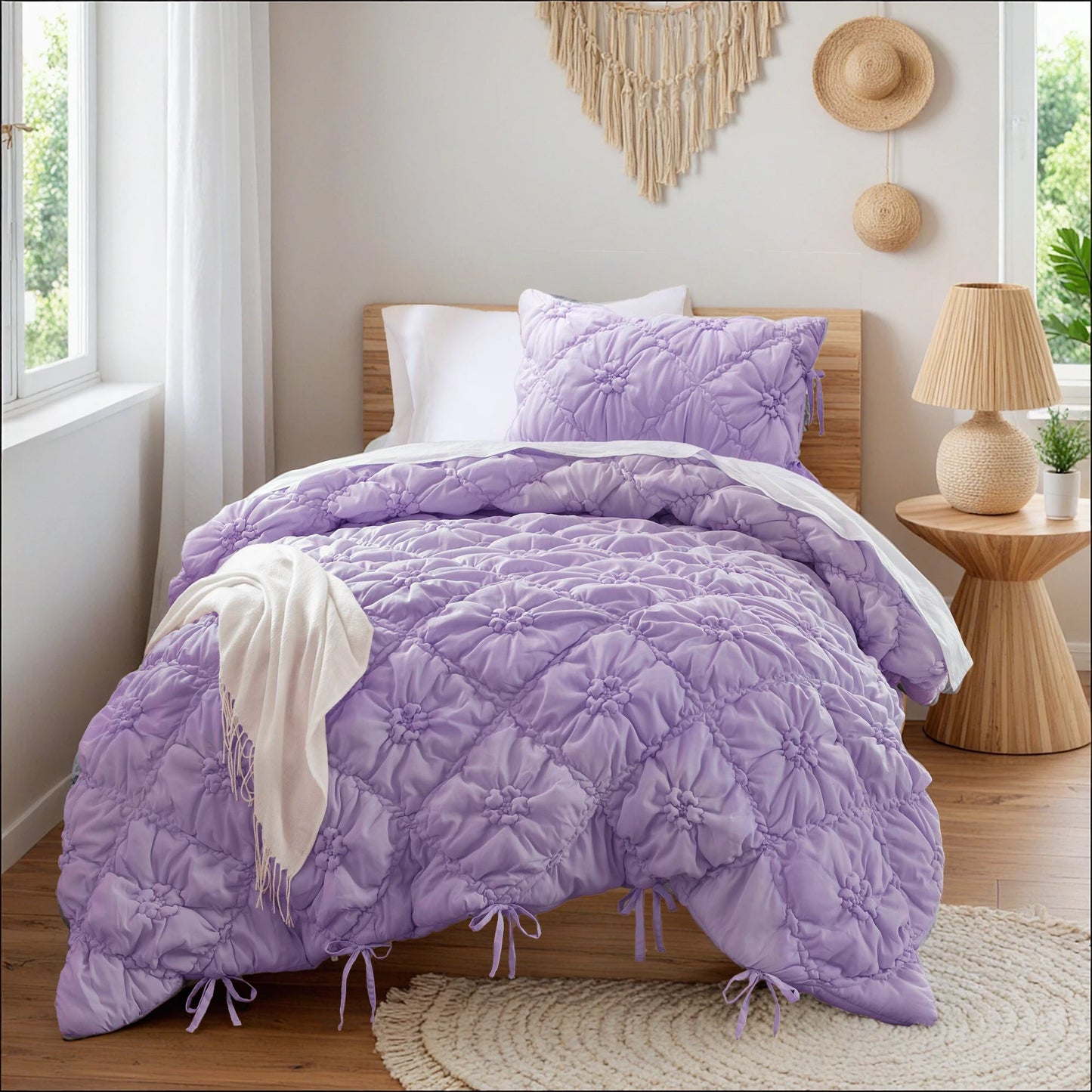 Floral Puffy Bow Tie Bedding Set, Comforter Set with Sham