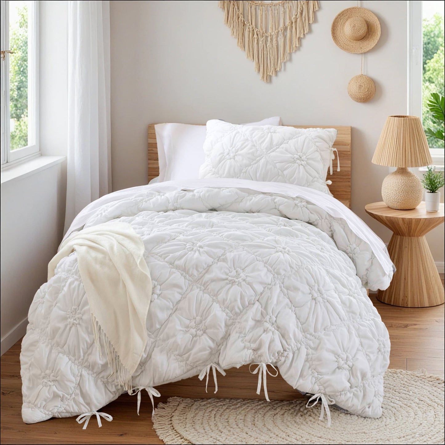Floral Puffy Bow Tie Bedding Set, Comforter Set with Sham