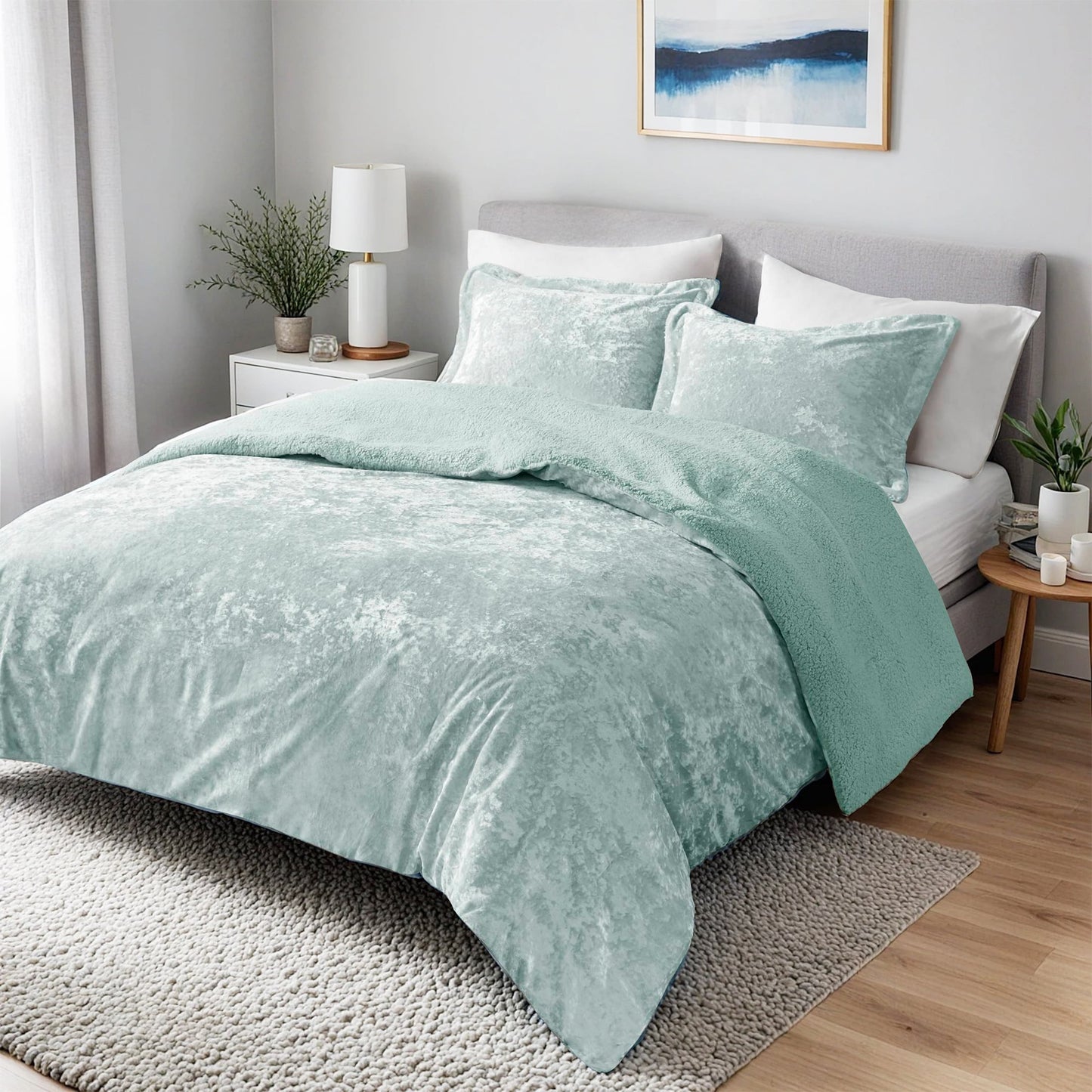 3 Piece Crushed Velvet Sherpa Bedding Set, Reversible Comforter Set