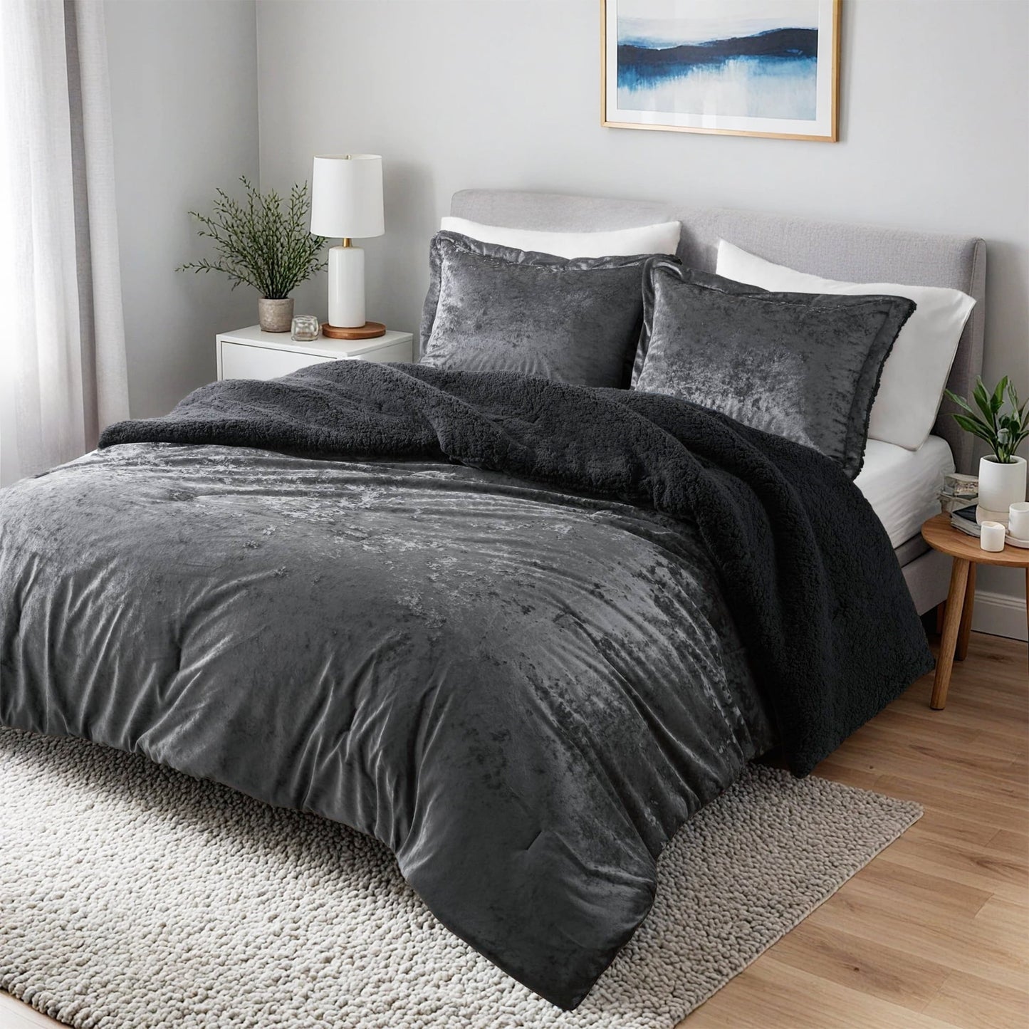 3 Piece Crushed Velvet Sherpa Bedding Set, Reversible Comforter Set