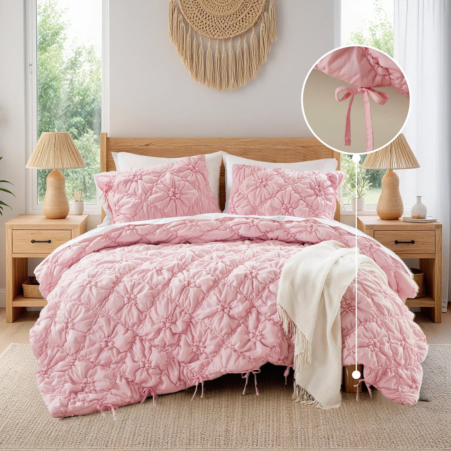 Floral Puffy Bow Tie Bedding Set, Comforter Set with Sham