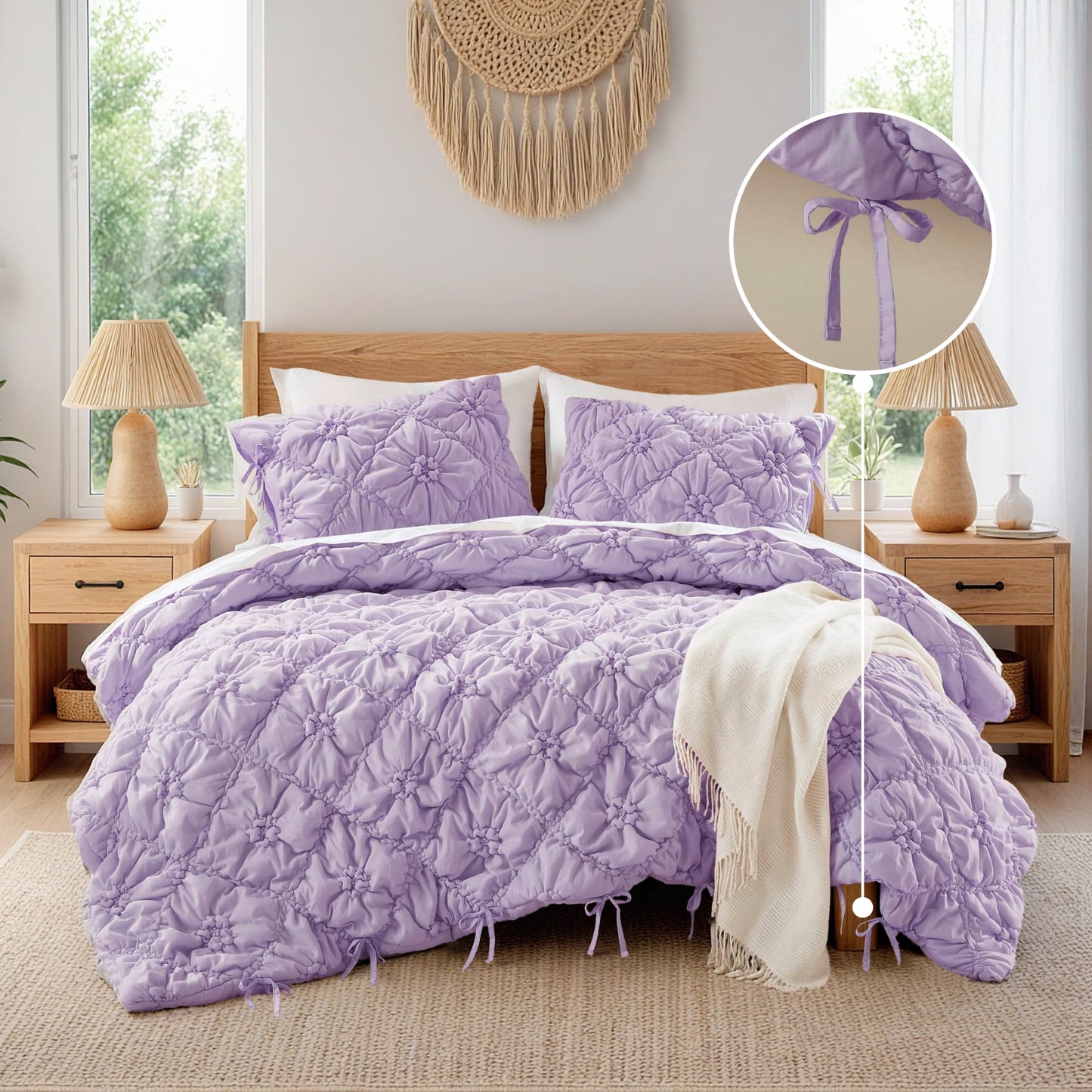 Floral Puffy Bow Tie Bedding Set, Comforter Set with Sham