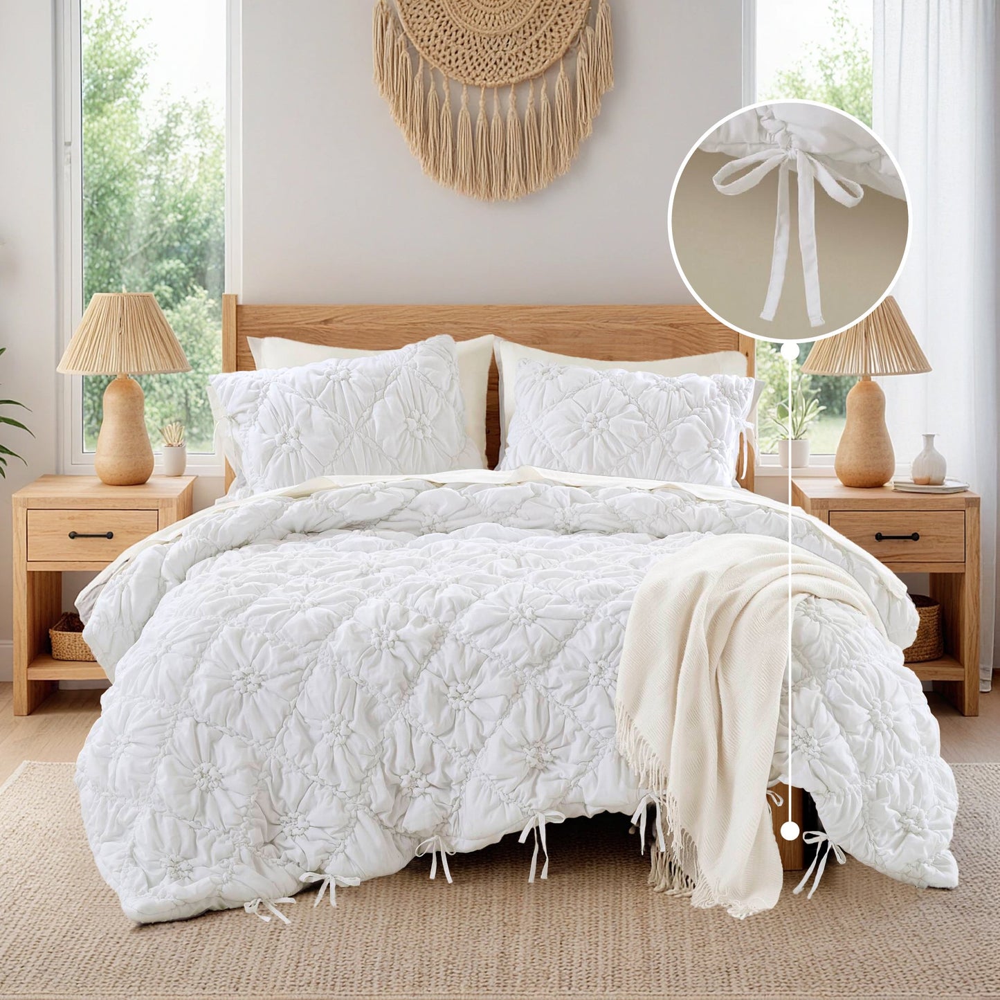 Floral Puffy Bow Tie Bedding Set, Comforter Set with Sham