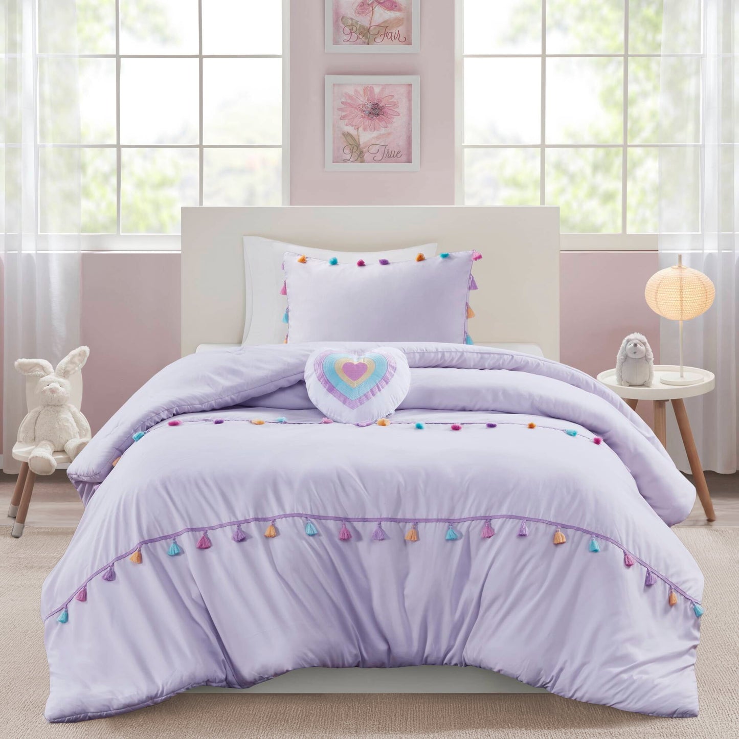 4 Piece Colorful Tassel Kid's Bedding Set, Comforter Set with Heart Shaped Throw Pillow