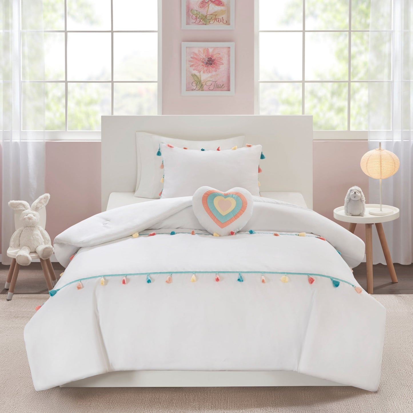 4 Piece Colorful Tassel Kid's Bedding Set, Comforter Set with Heart Shaped Throw Pillow