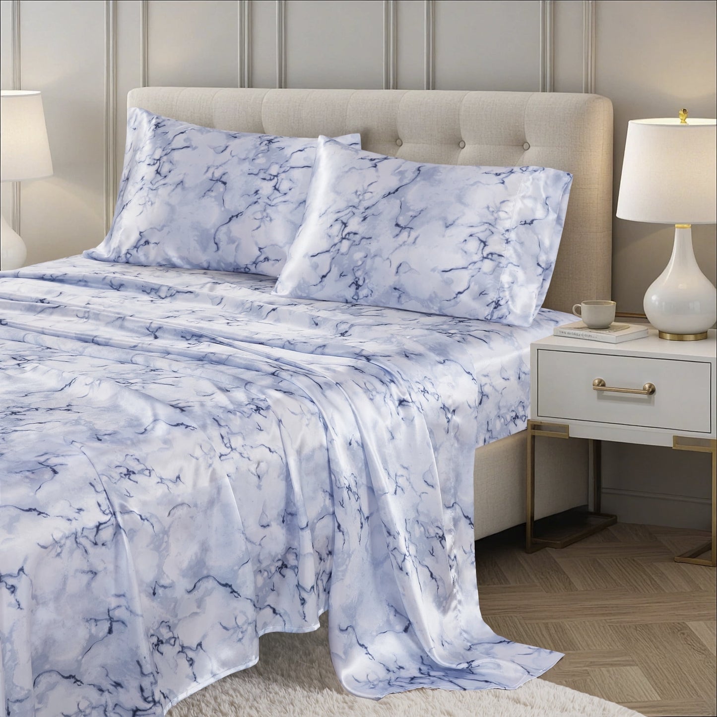 Printed Satin Bed Sheets, 3-Piece Luxury Silky Bedding Sets with Pillowcase