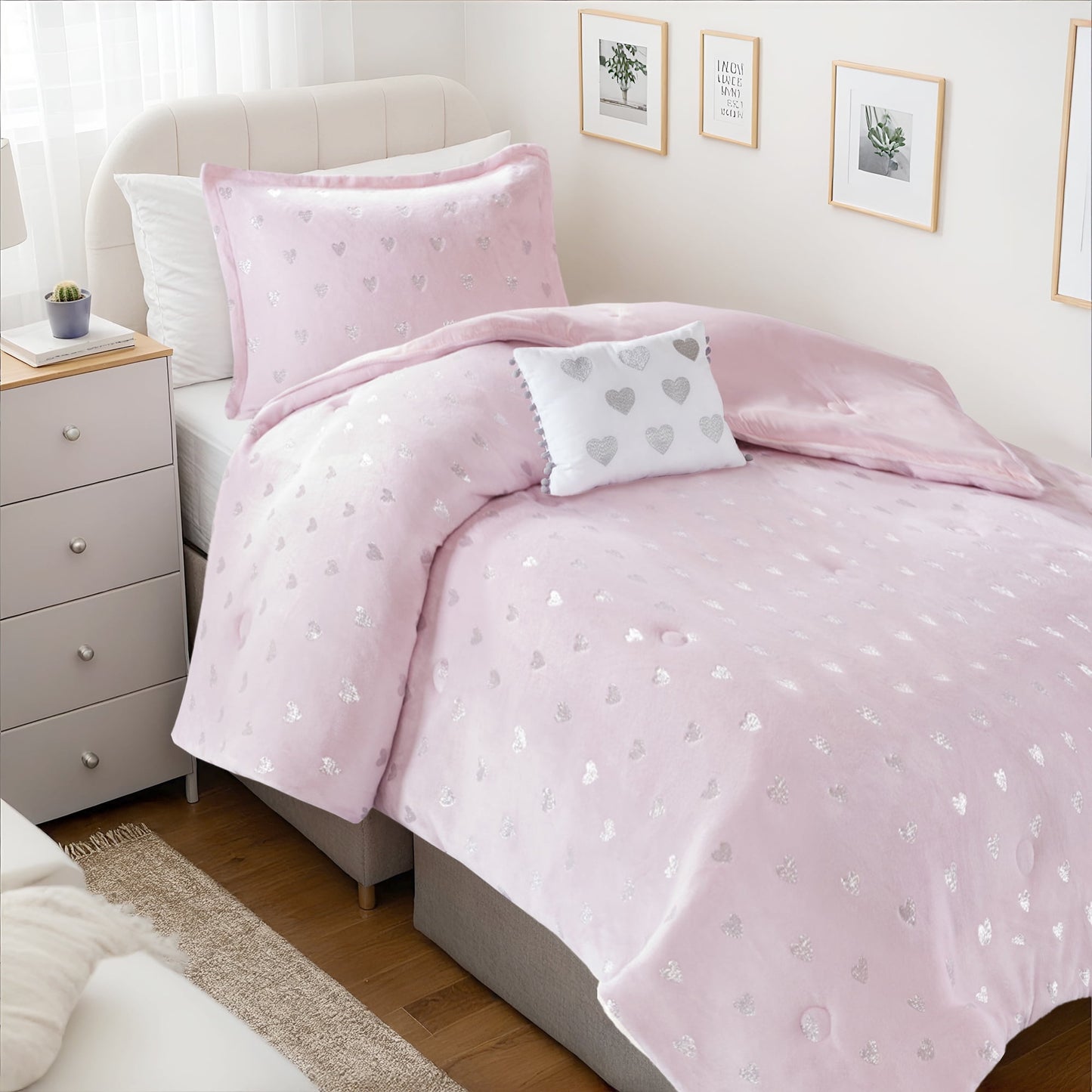 4-Piece Kids Comforter Set, Metallic Printed Plush Dorm Comforter Bedding Set