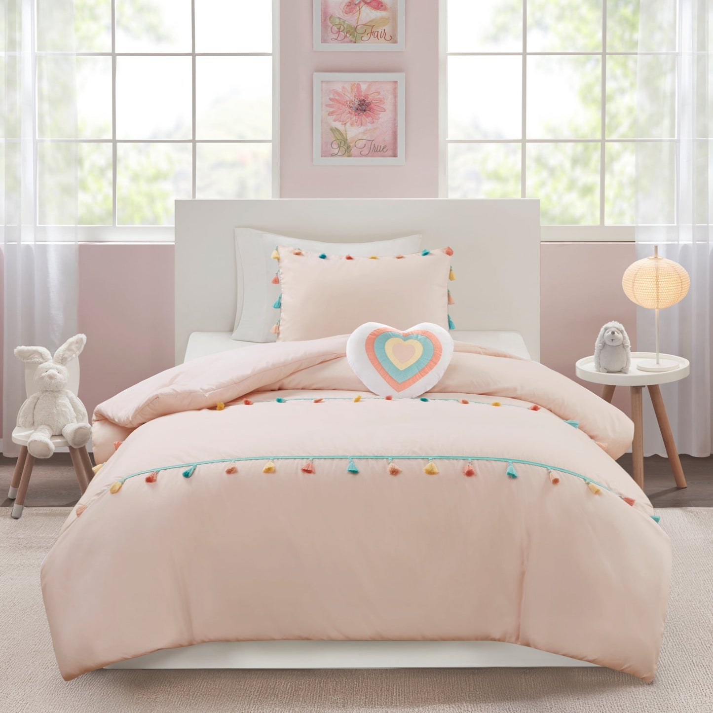 4 Piece Colorful Tassel Kid's Bedding Set, Comforter Set with Heart Shaped Throw Pillow