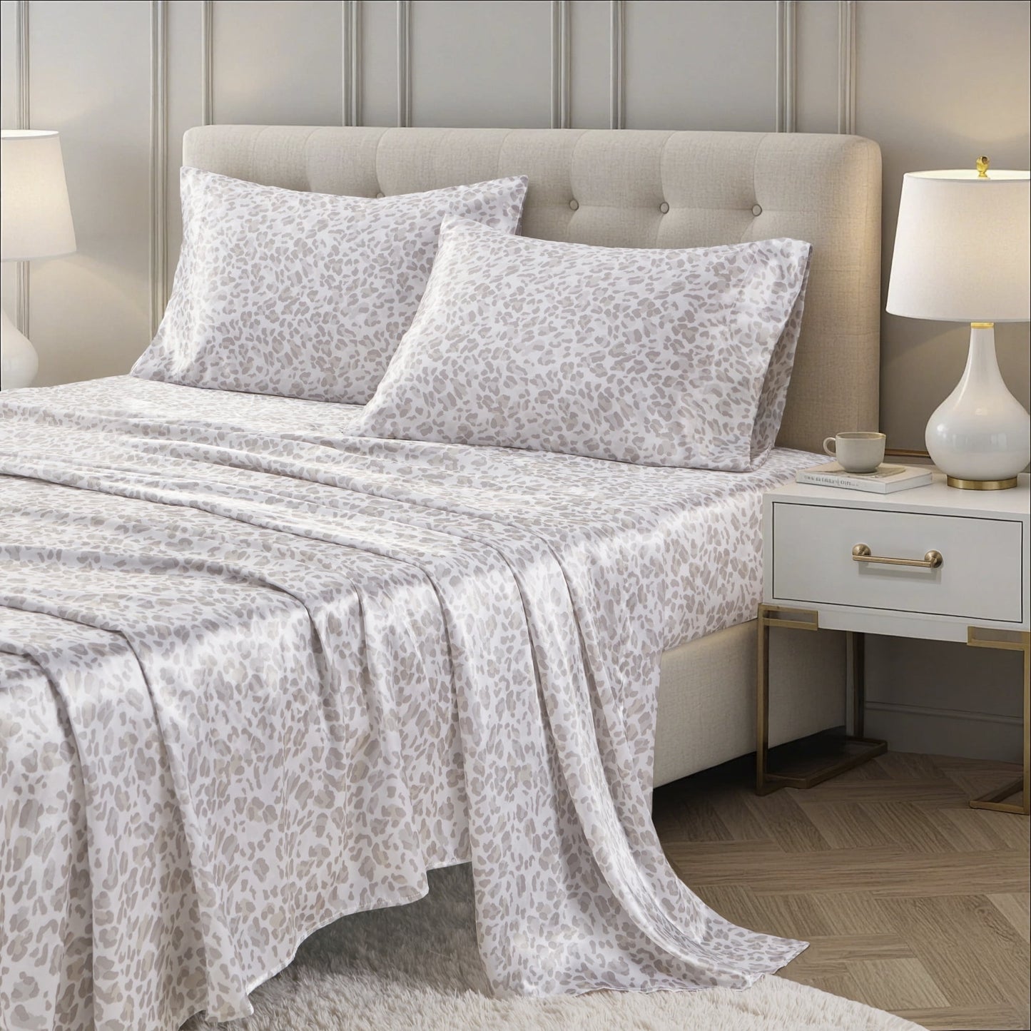 Printed Satin Bed Sheets, 3-Piece Luxury Silky Bedding Sets with Pillowcase
