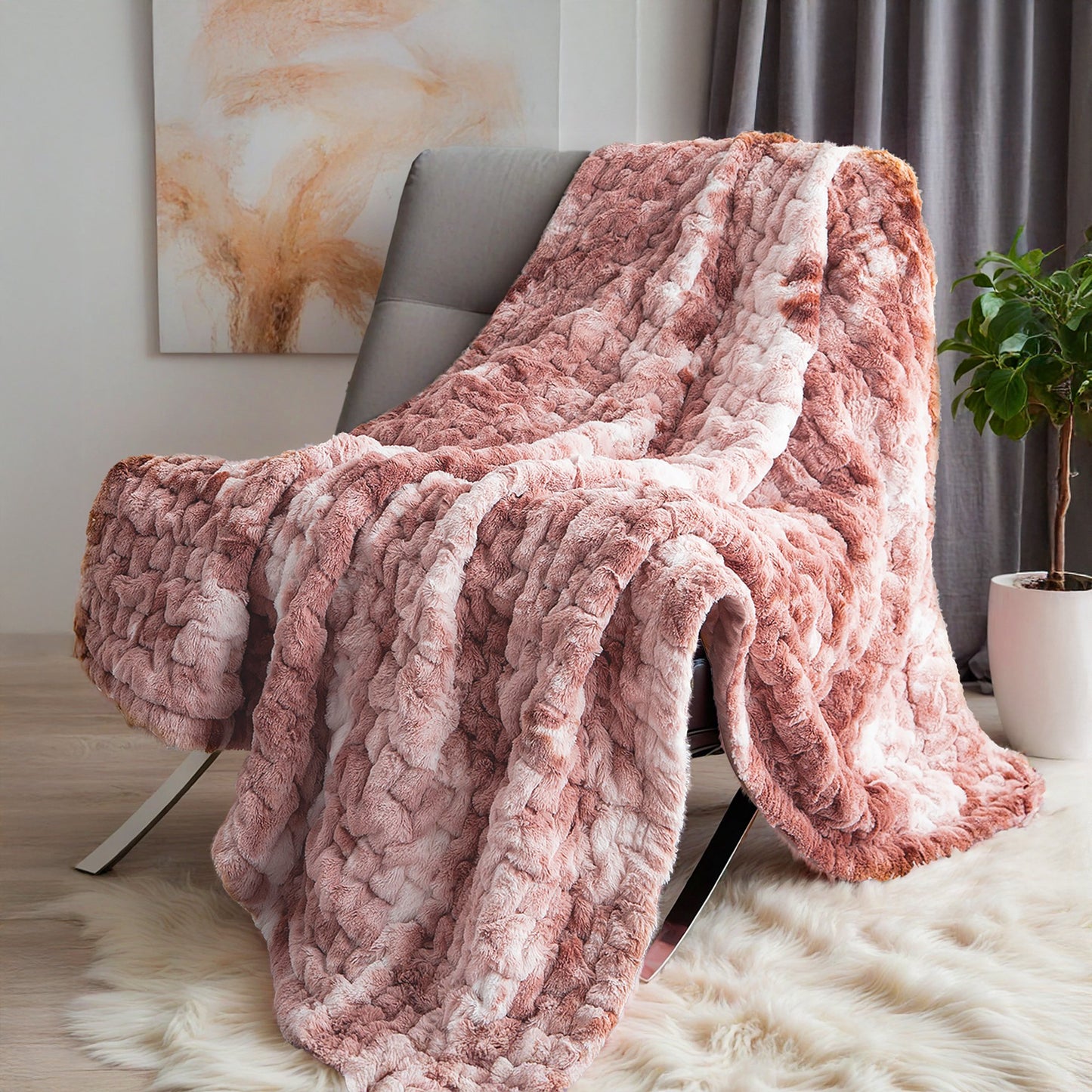Extra Soft Fuzzy Faux Fur Ombre Reversible Throw Blanket