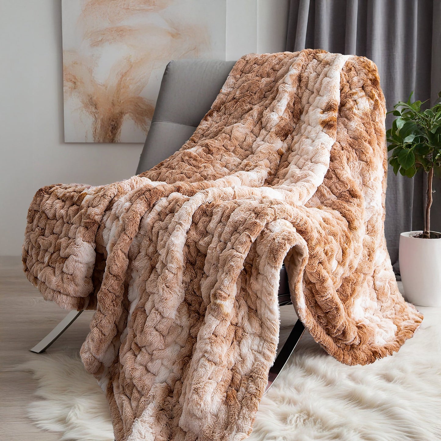Extra Soft Fuzzy Faux Fur Ombre Reversible Throw Blanket