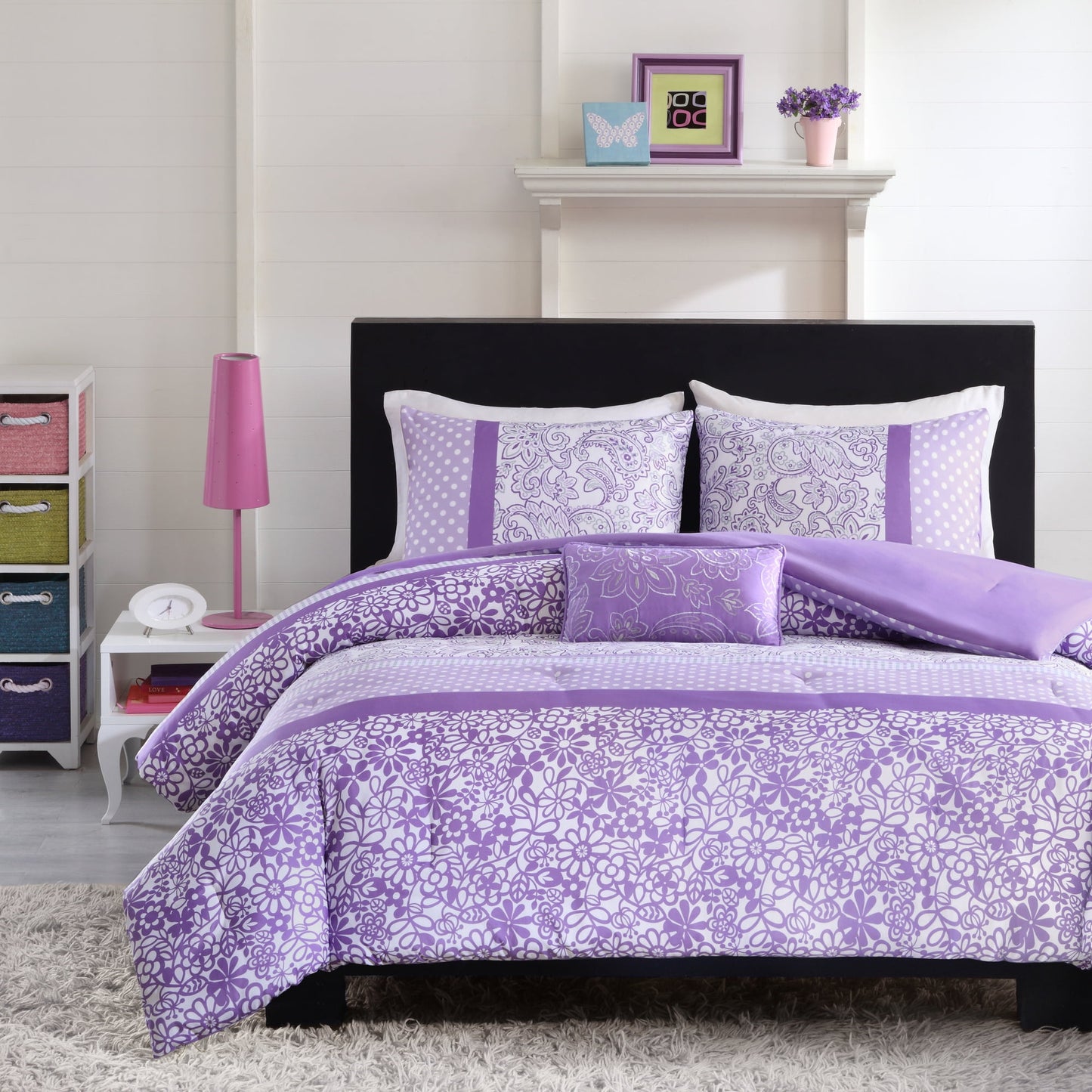 Comforter Sets 4-Piece Floral Kids Bed Sets for All Season Purple Bedding Comforter Sets for Girls