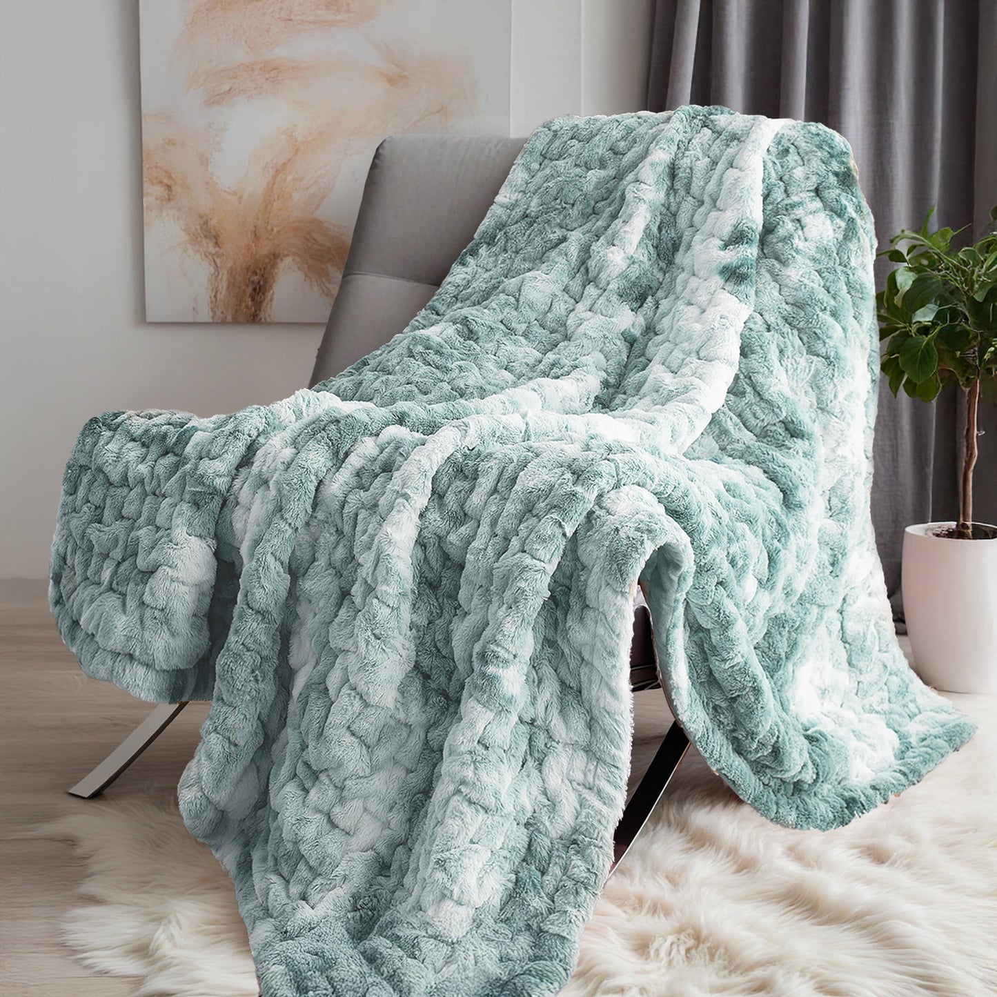 Extra Soft Fuzzy Faux Fur Ombre Reversible Throw Blanket