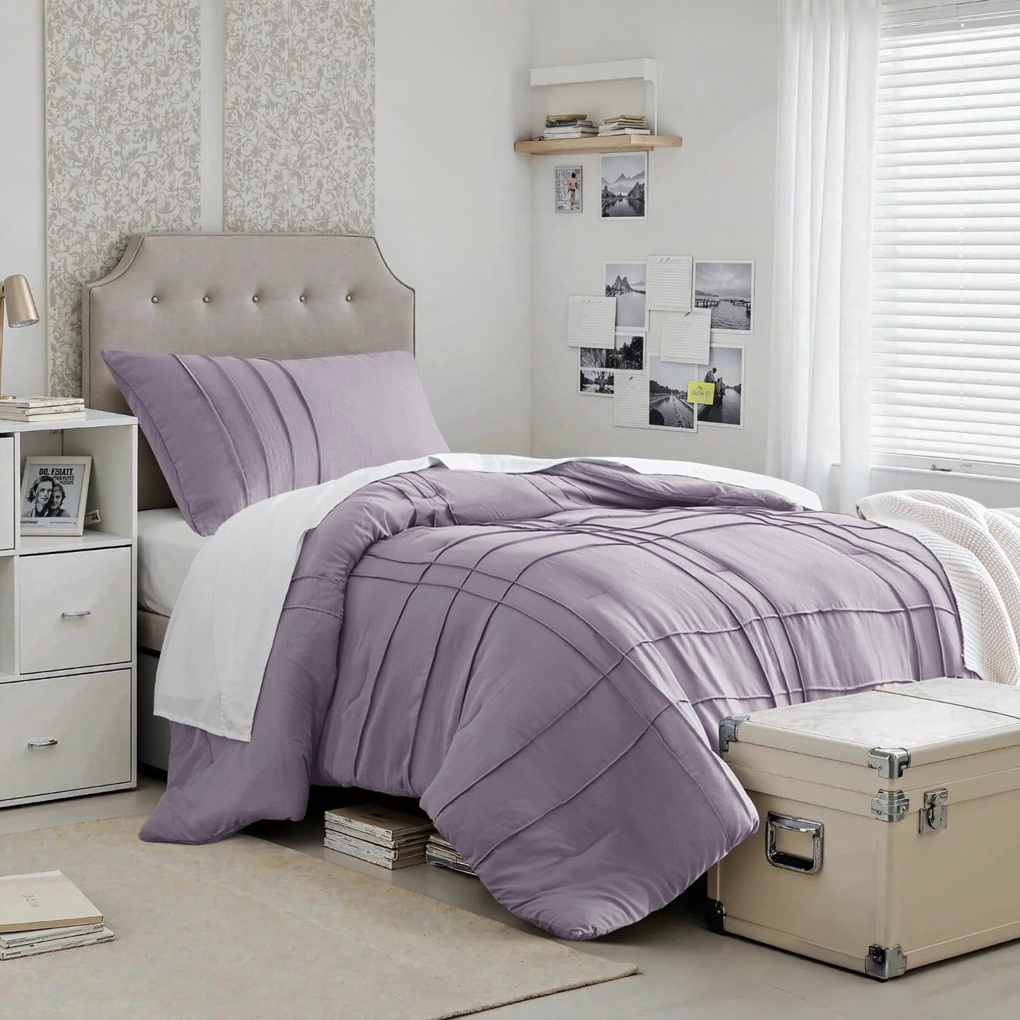3-Piece Floral Puffy Bow Tie Bedding Set, Pink Comforter Set with Sham