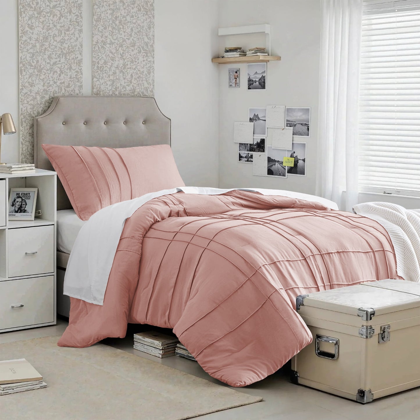 3-Piece Floral Puffy Bow Tie Bedding Set, Pink Comforter Set with Sham
