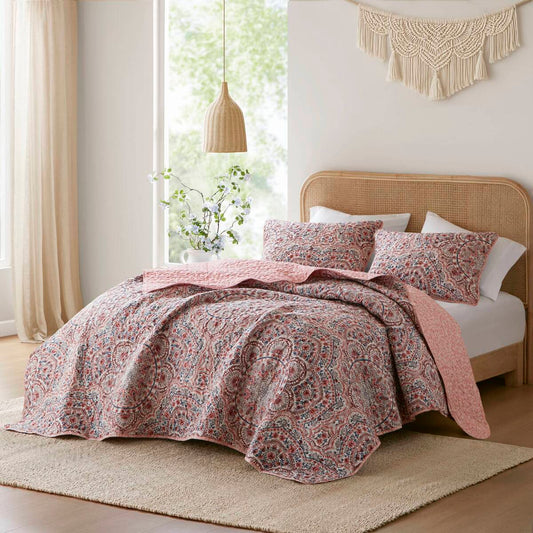 3-Piece Floral Boho Quilt Set, Reversible Bedding Set