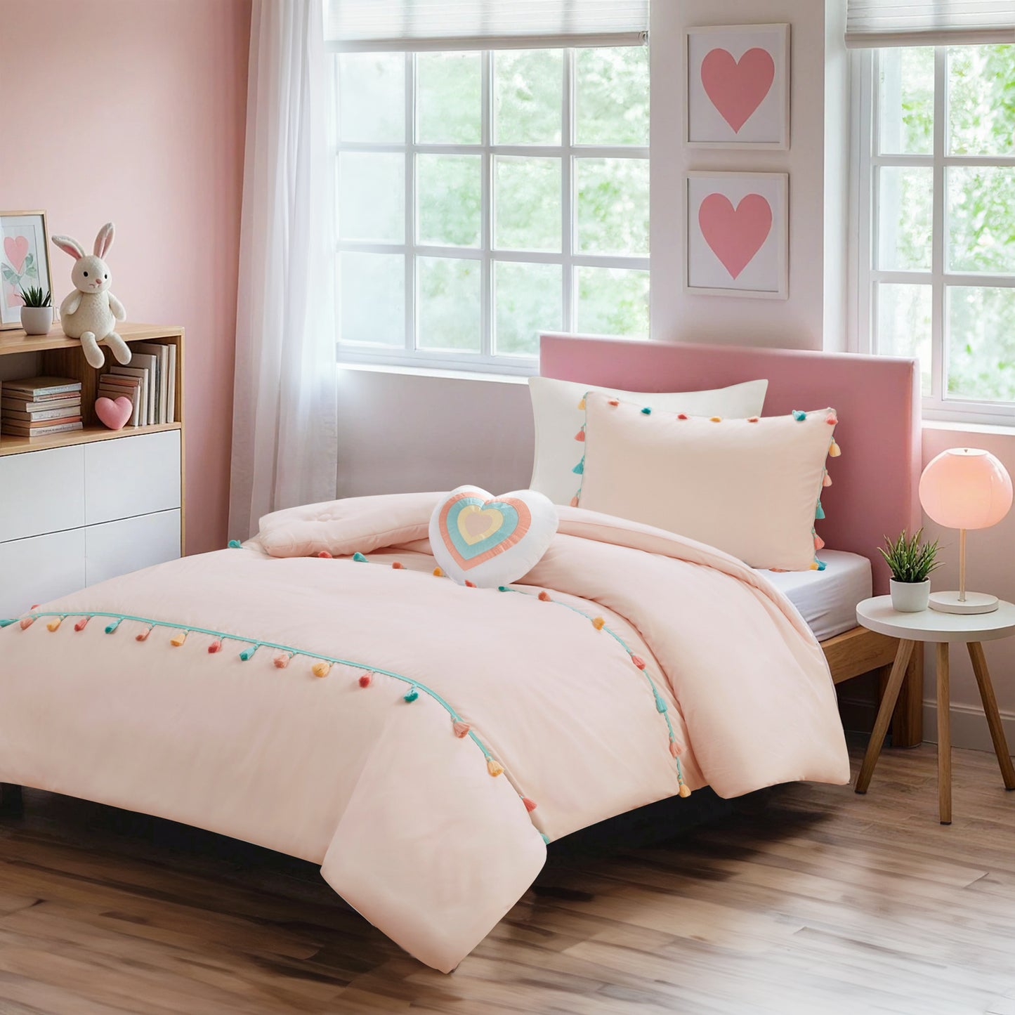 4 Piece Colorful Tassel Kid's Bedding Set, Comforter Set with Heart Shaped Throw Pillow