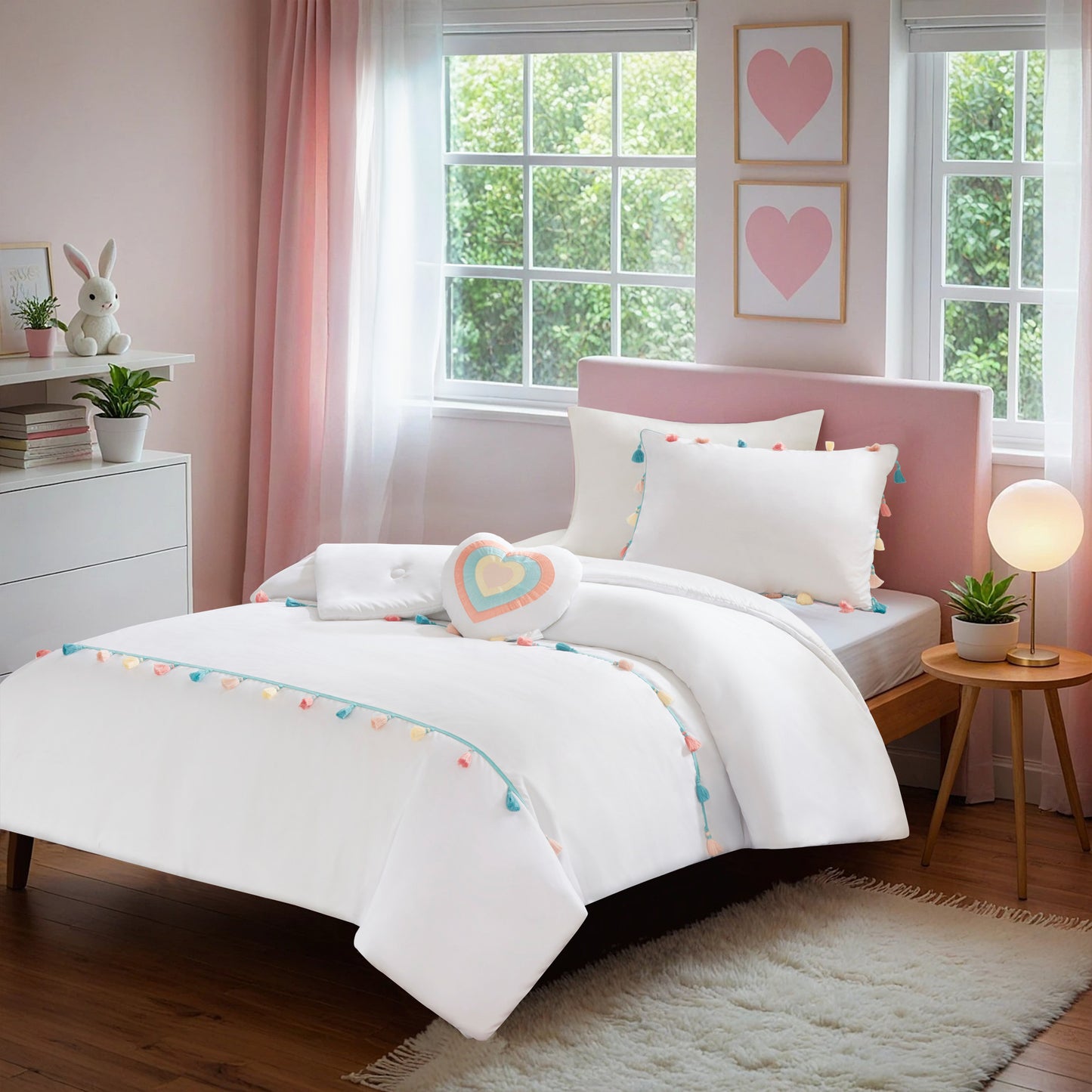 4 Piece Colorful Tassel Kid's Bedding Set, Comforter Set with Heart Shaped Throw Pillow