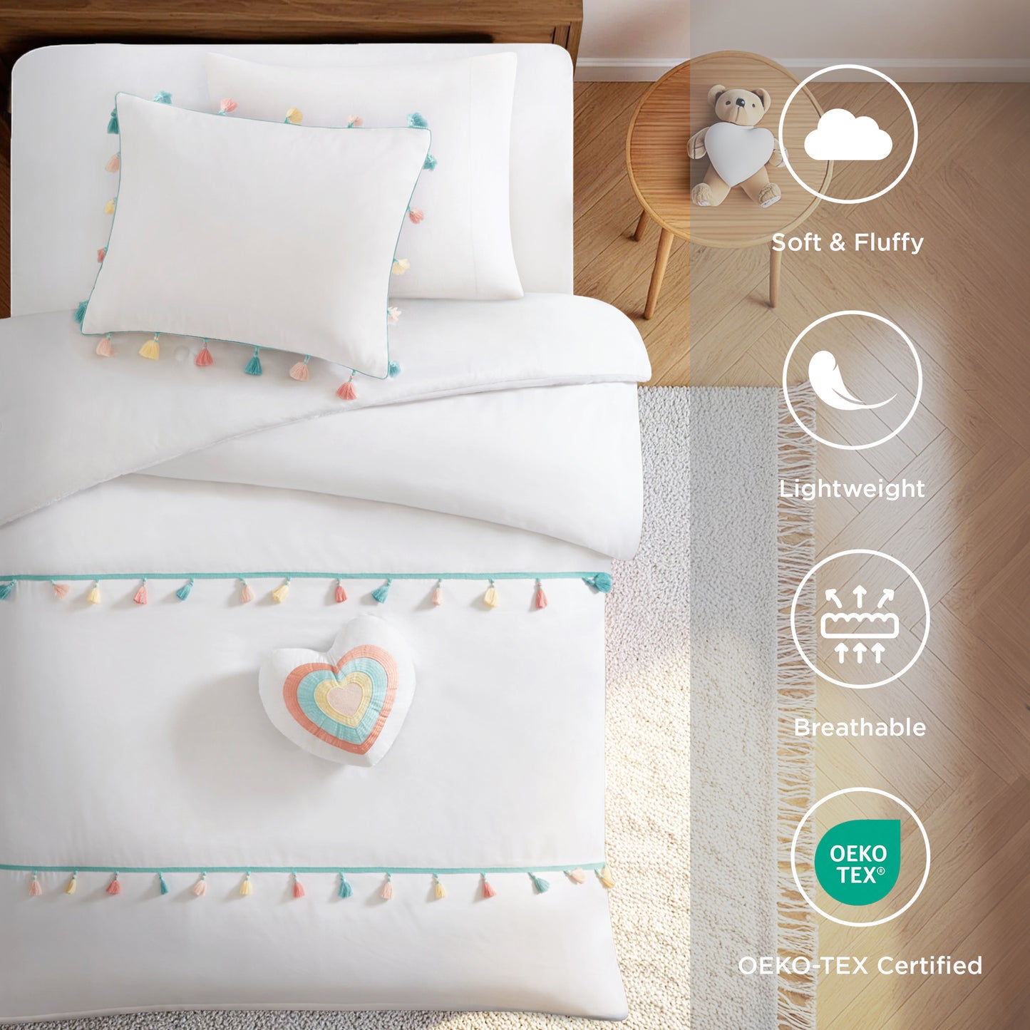 4 Piece Colorful Tassel Kid's Bedding Set, Comforter Set with Heart Shaped Throw Pillow