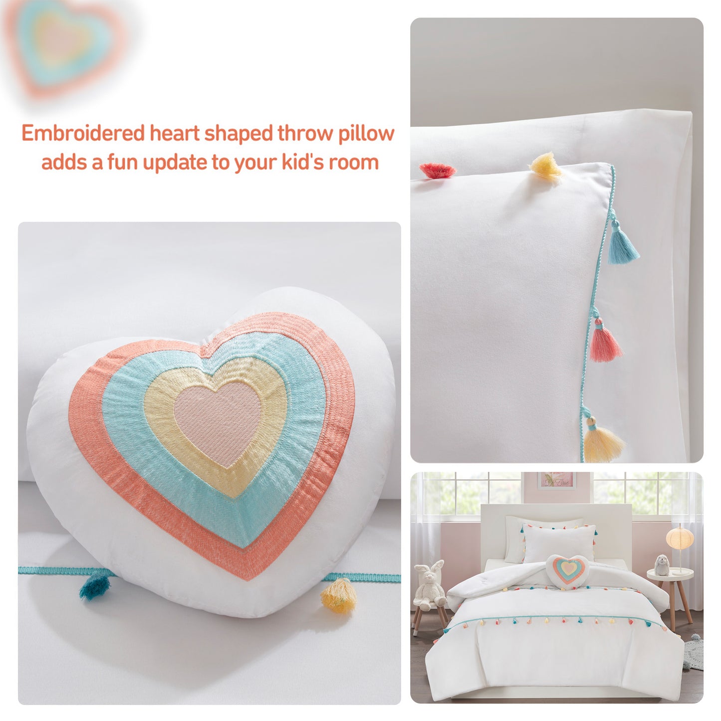 4 Piece Colorful Tassel Kid's Bedding Set, Comforter Set with Heart Shaped Throw Pillow
