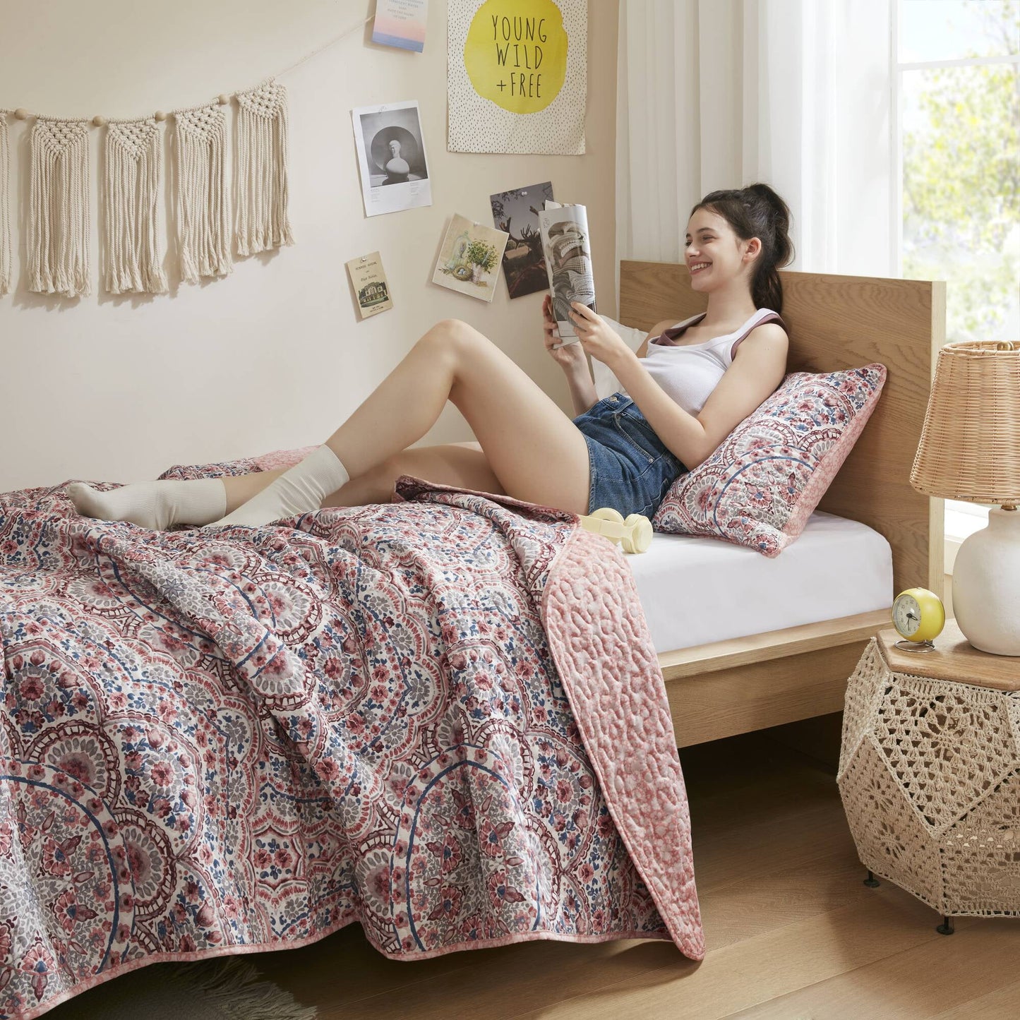 3-Piece Floral Boho Quilt Set, Reversible Bedding Set