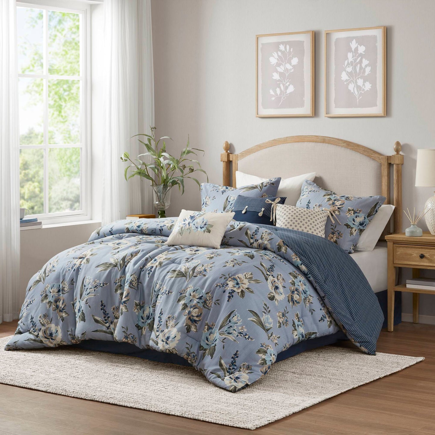 7 Piece Vintage Floral Reversible Comforter Set with Striped Reverse