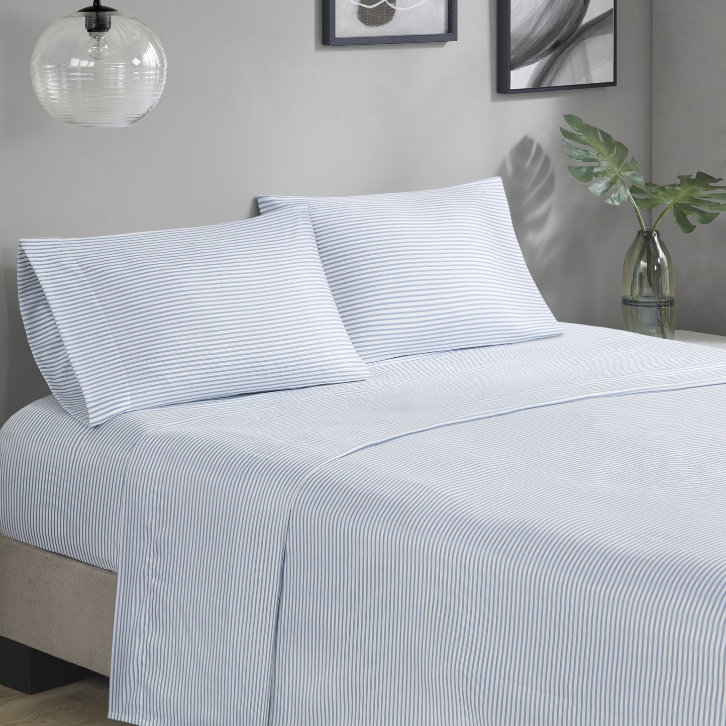 7 Piece Stripe Comforter Set, Bed in a Bag Bedding Set with Flat Sheet and Fitted Sheet, Blue Grey
