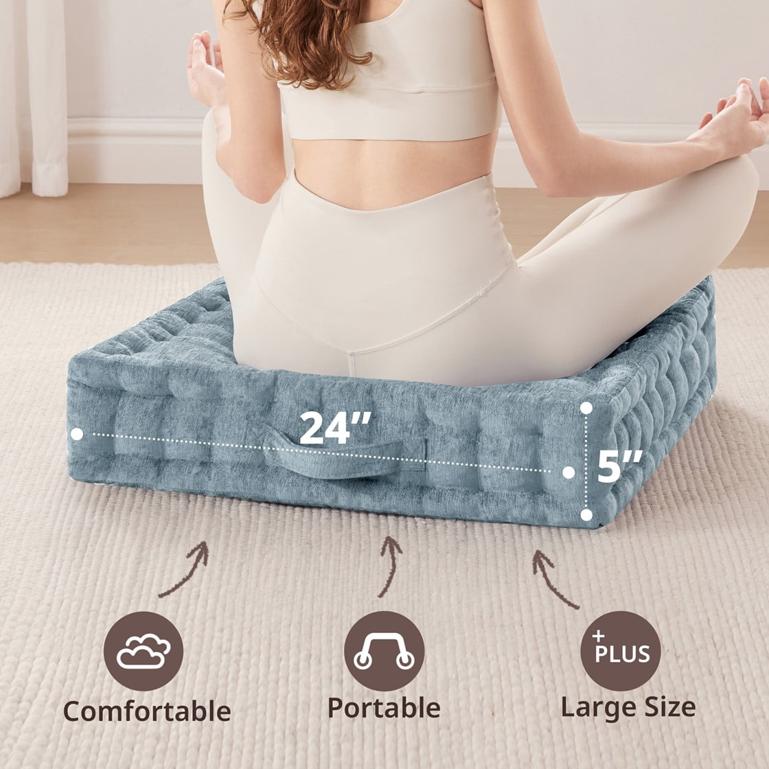 Tufted Floor Pillow for Seating, Square Meditation Cushion with Handle