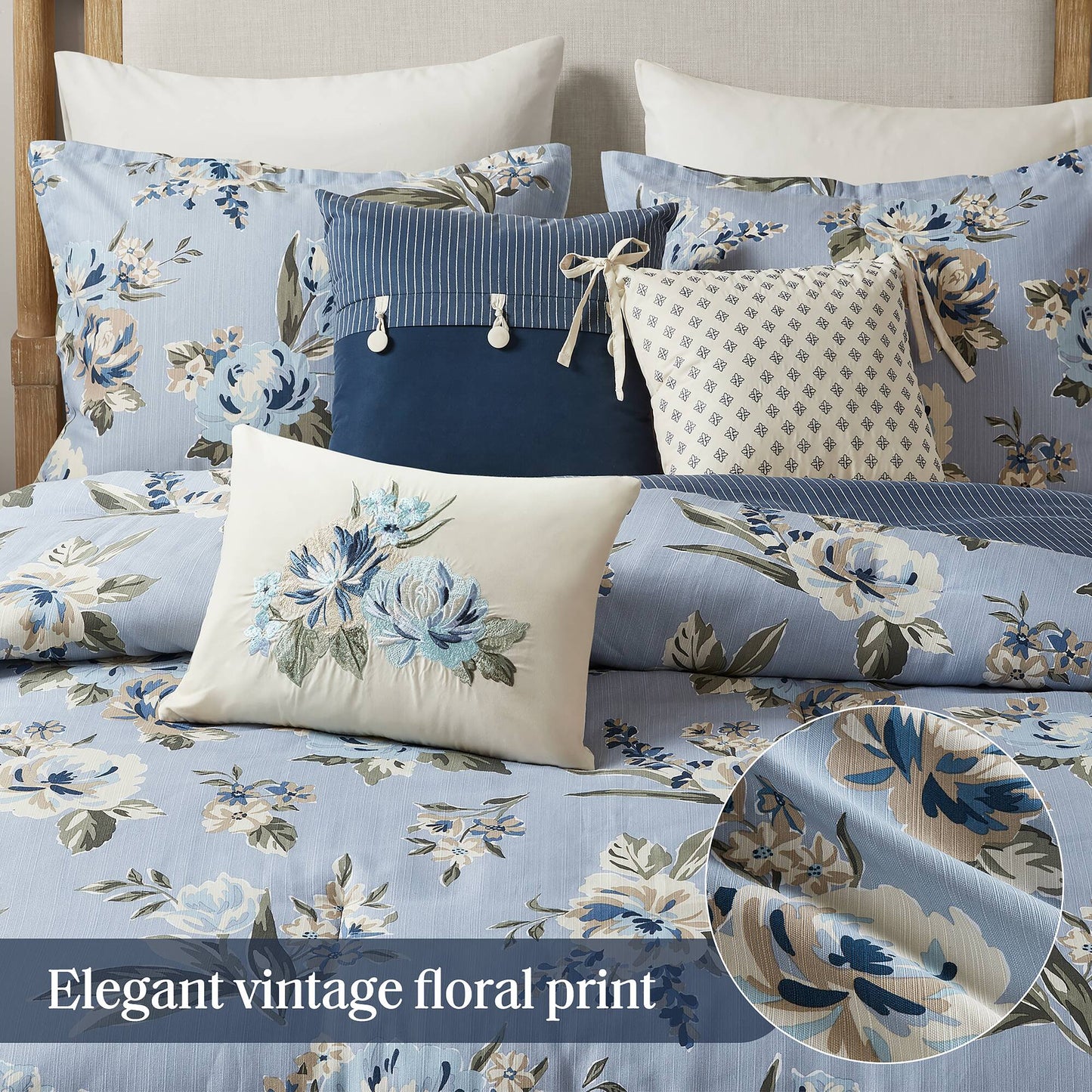 7 Piece Vintage Floral Reversible Comforter Set with Striped Reverse