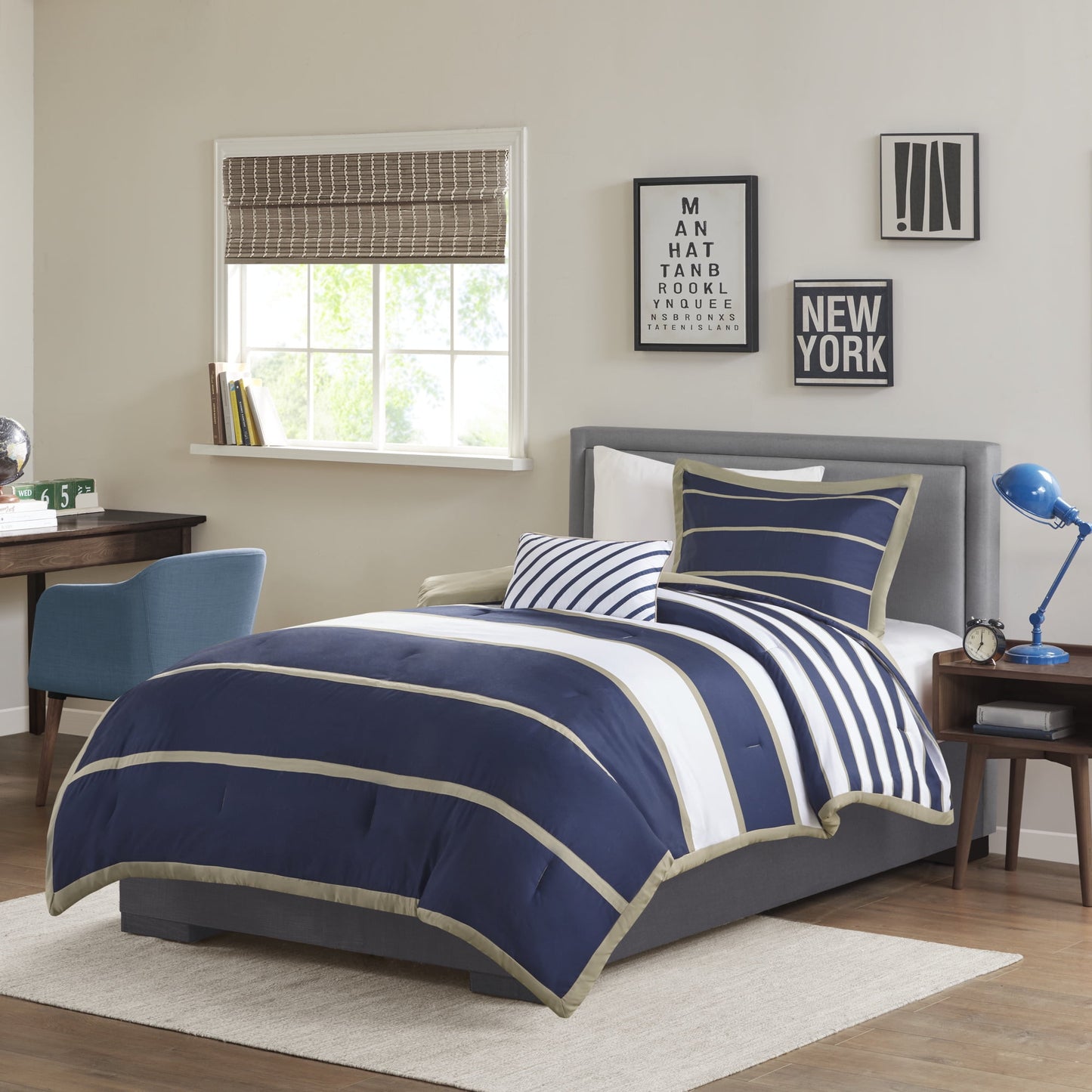 4-Piece Striped Child Comforter Set with Decor Pillow, All Season Boy Bedding Set, Khaki/Navy